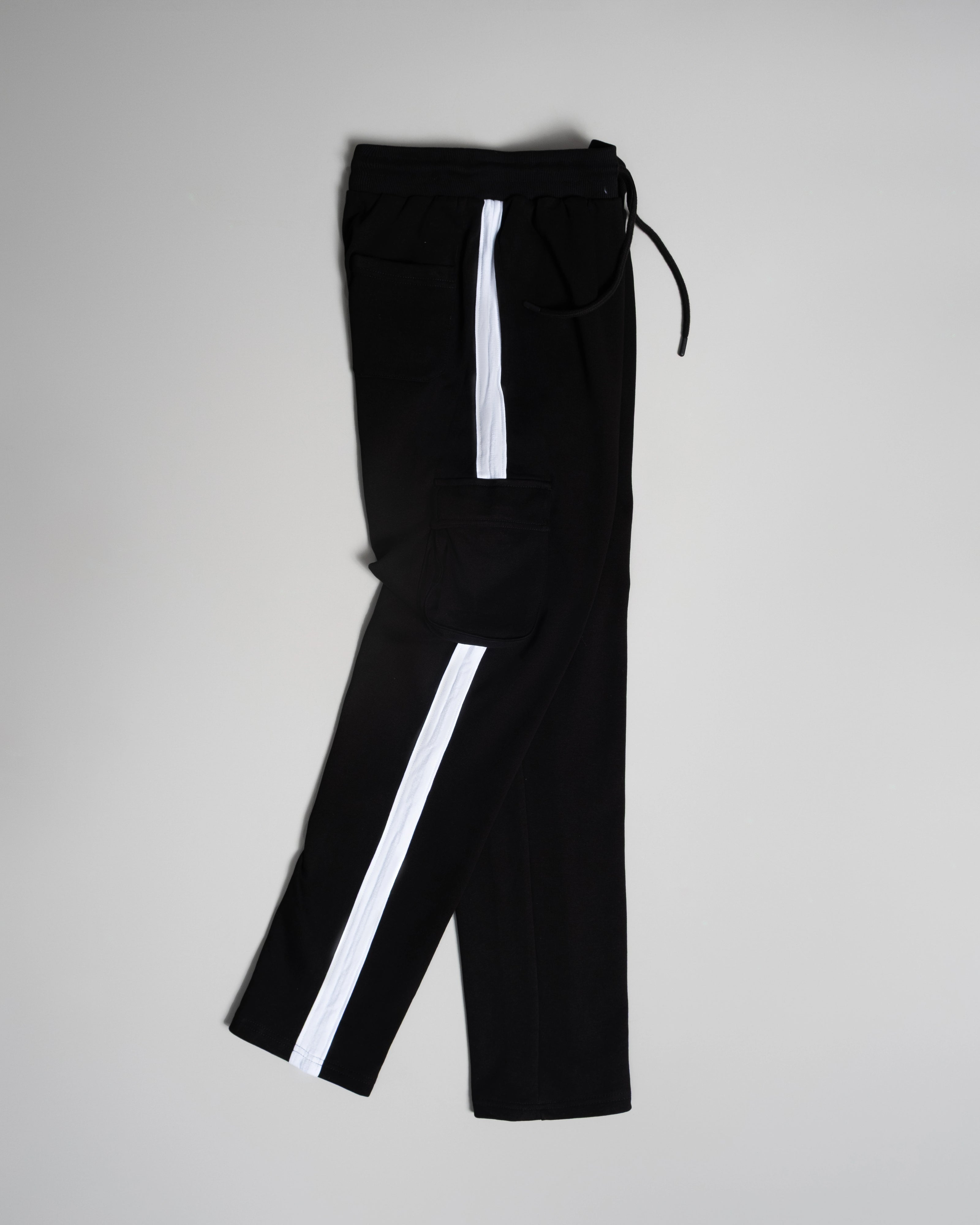 Men’s black jogger pants with white side stripe, cargo pocket detail – Diagram clothing