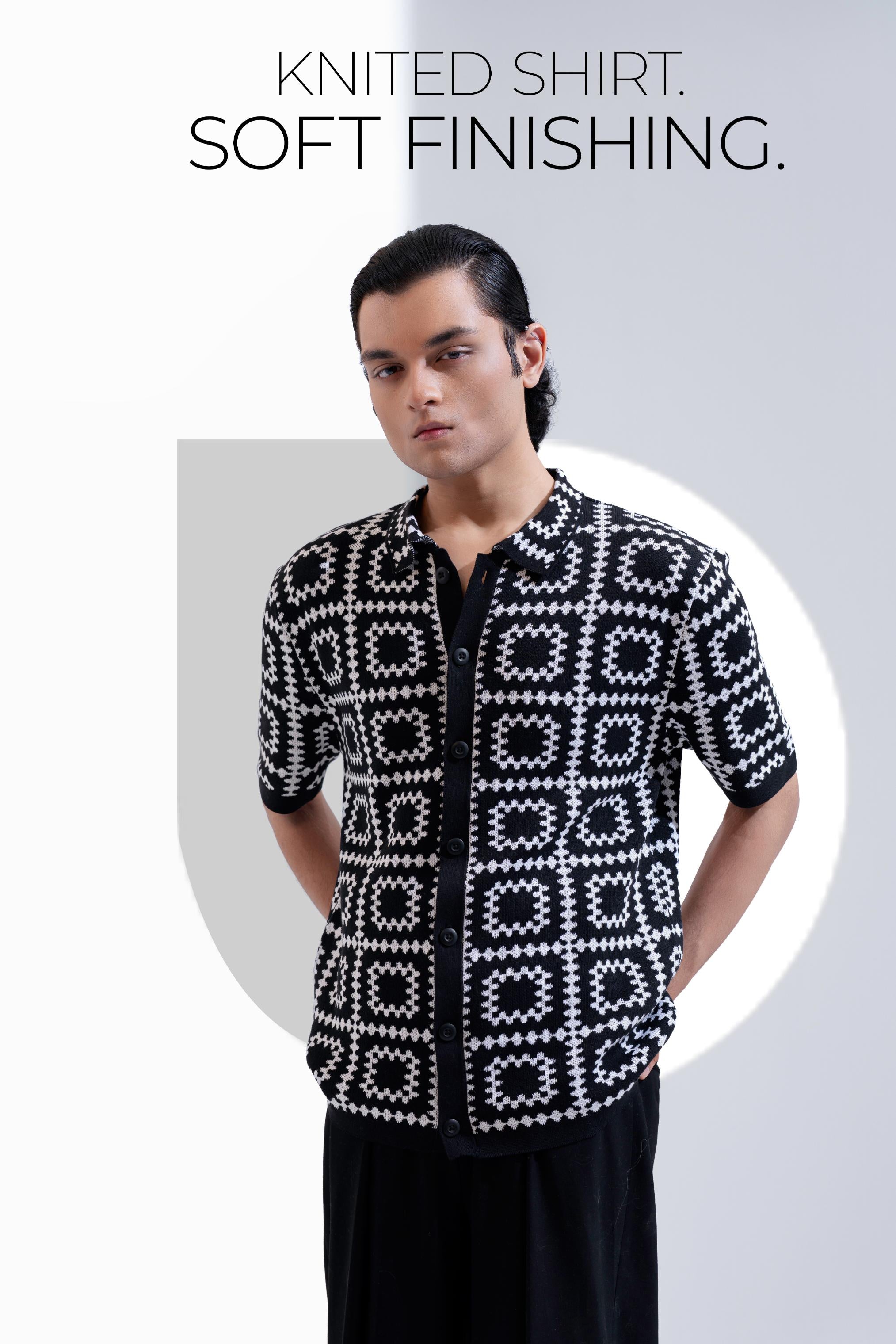 Men’s Black & White Geometric Knit Shirt – Soft Finish Button-Up Summer Knit | DSH-63