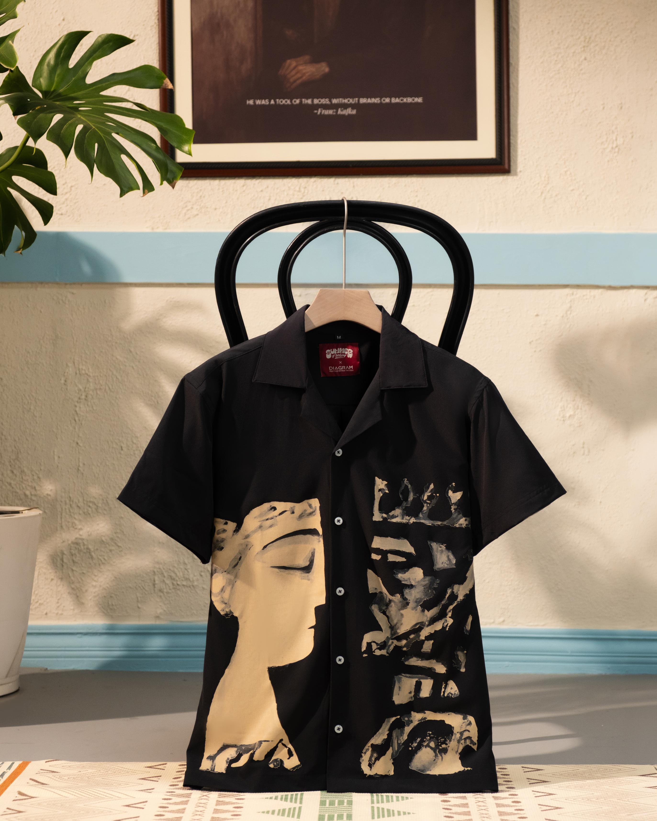 Men’s Black Artistic Print Cuban Shirt – Abstract Face Graphic Shirt | DSH-67