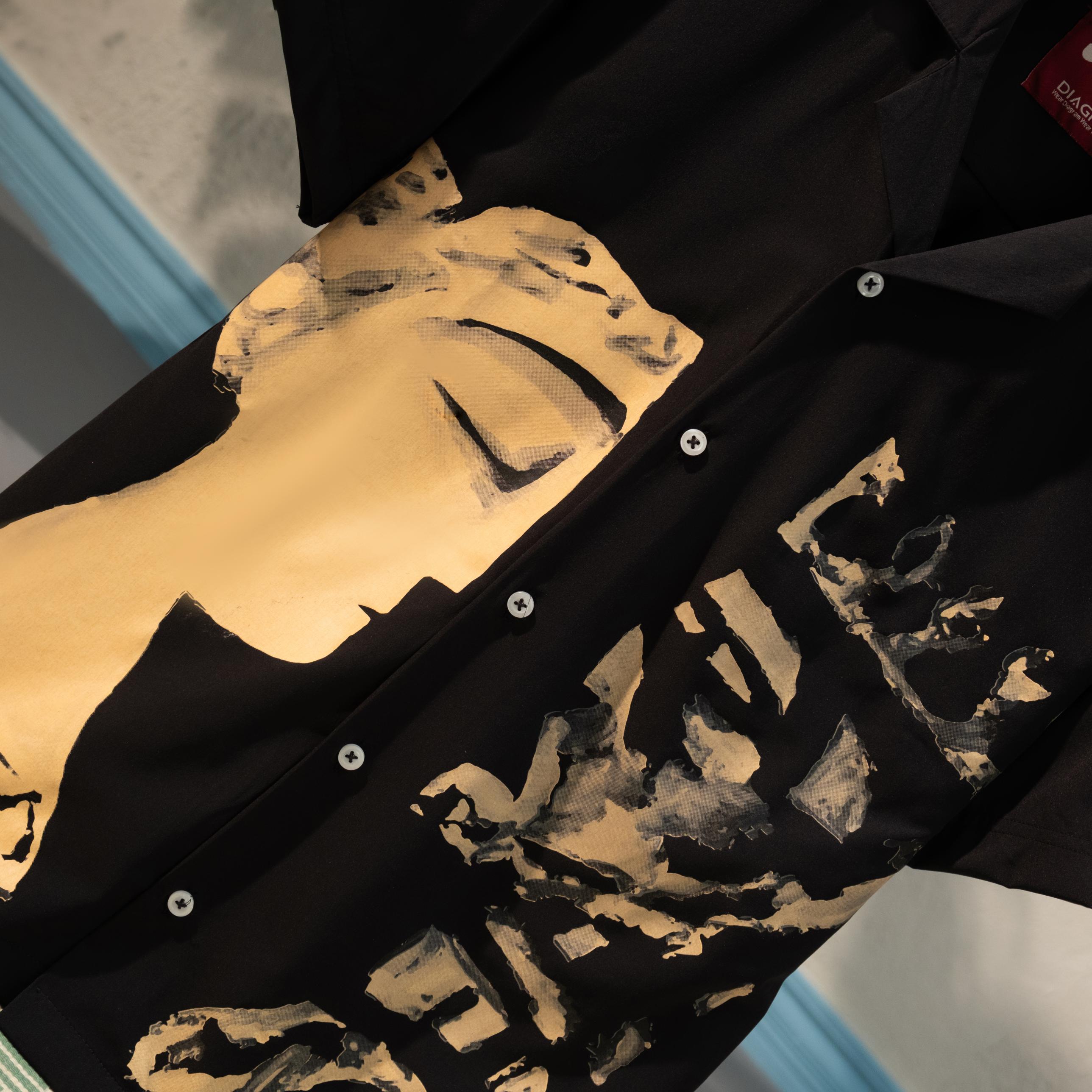 Men’s Black Artistic Print Cuban Shirt – Abstract Face Graphic Shirt | DSH-67