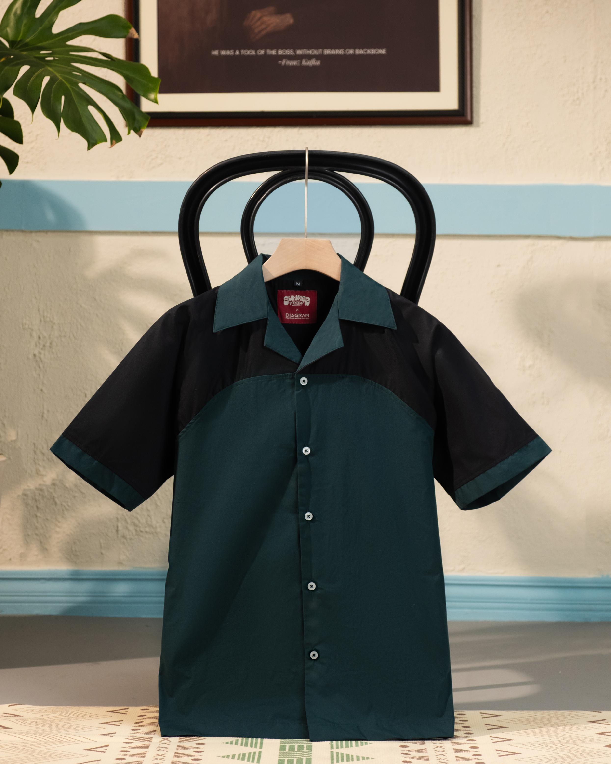 Men’s Green & Black Panel Cuban Collar Shirt – Minimal Color Block Shirt | DSH-68