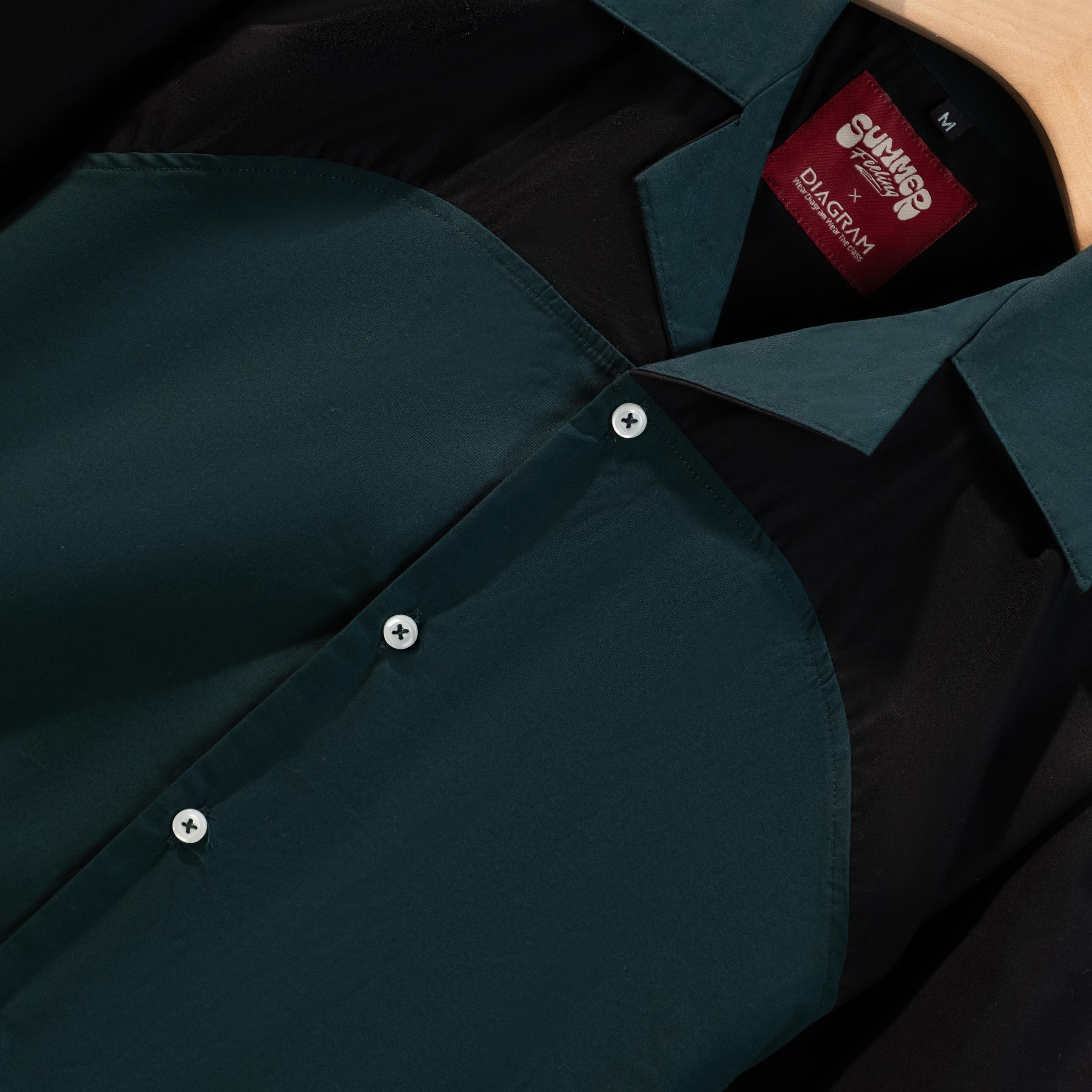 Men’s Green & Black Panel Cuban Collar Shirt – Minimal Color Block Shirt | DSH-68