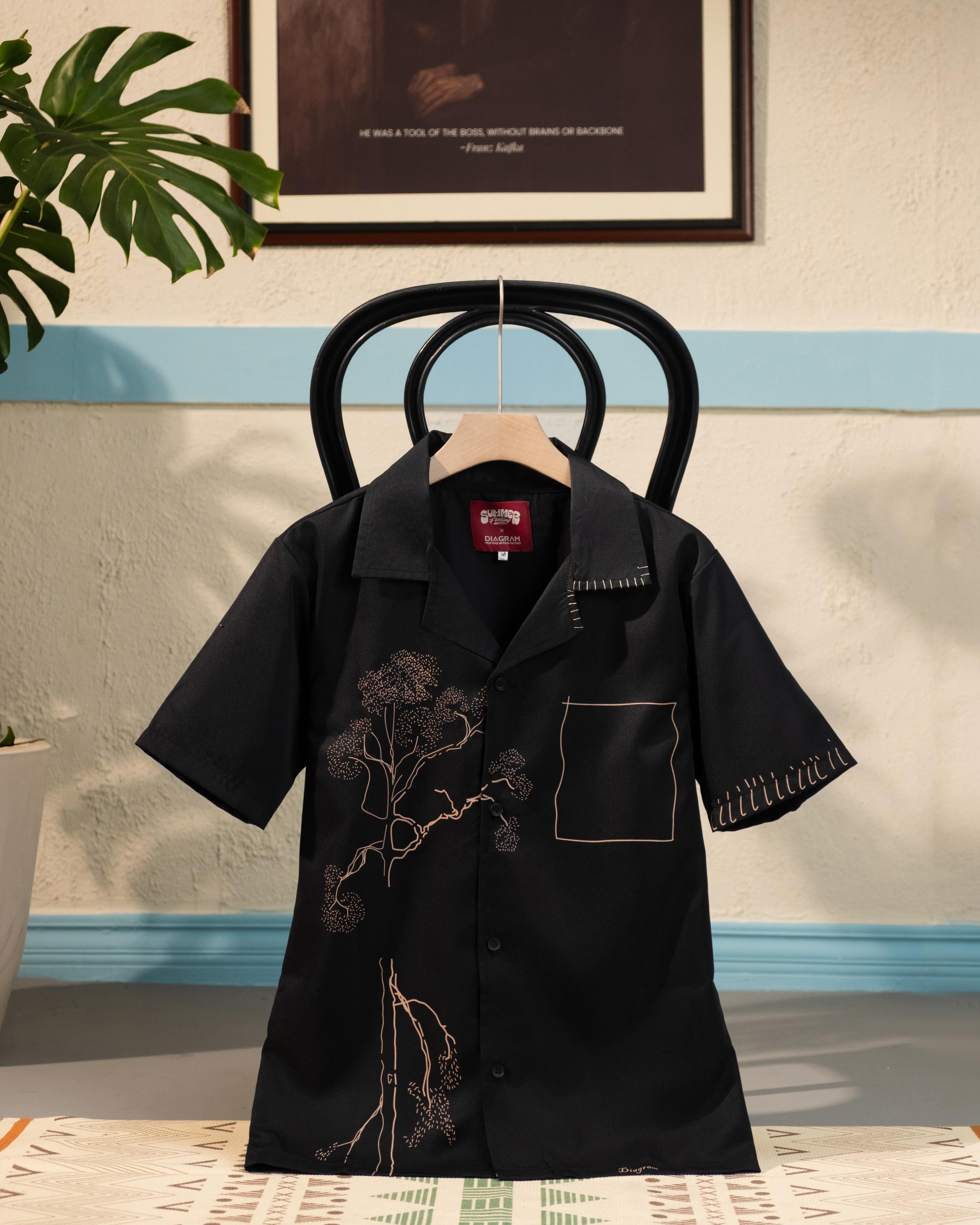 Men’s Black Abstract Line Art Shirt – Minimal Statement Cuban Shirt | DSH-70