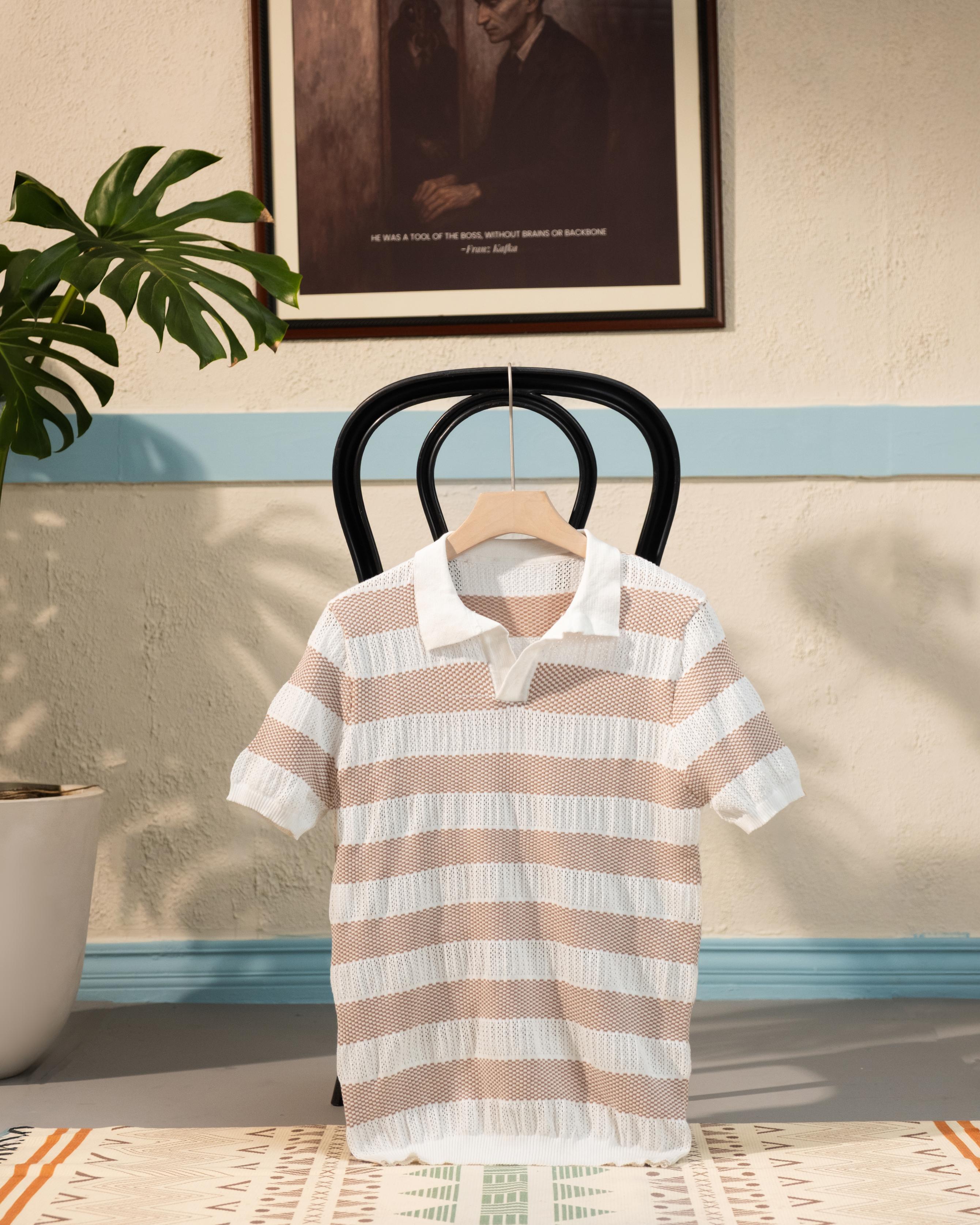 Men’s Beige & White Striped Knit Polo Shirt – Slim Fit Short Sleeve Summer Wear | PD-59