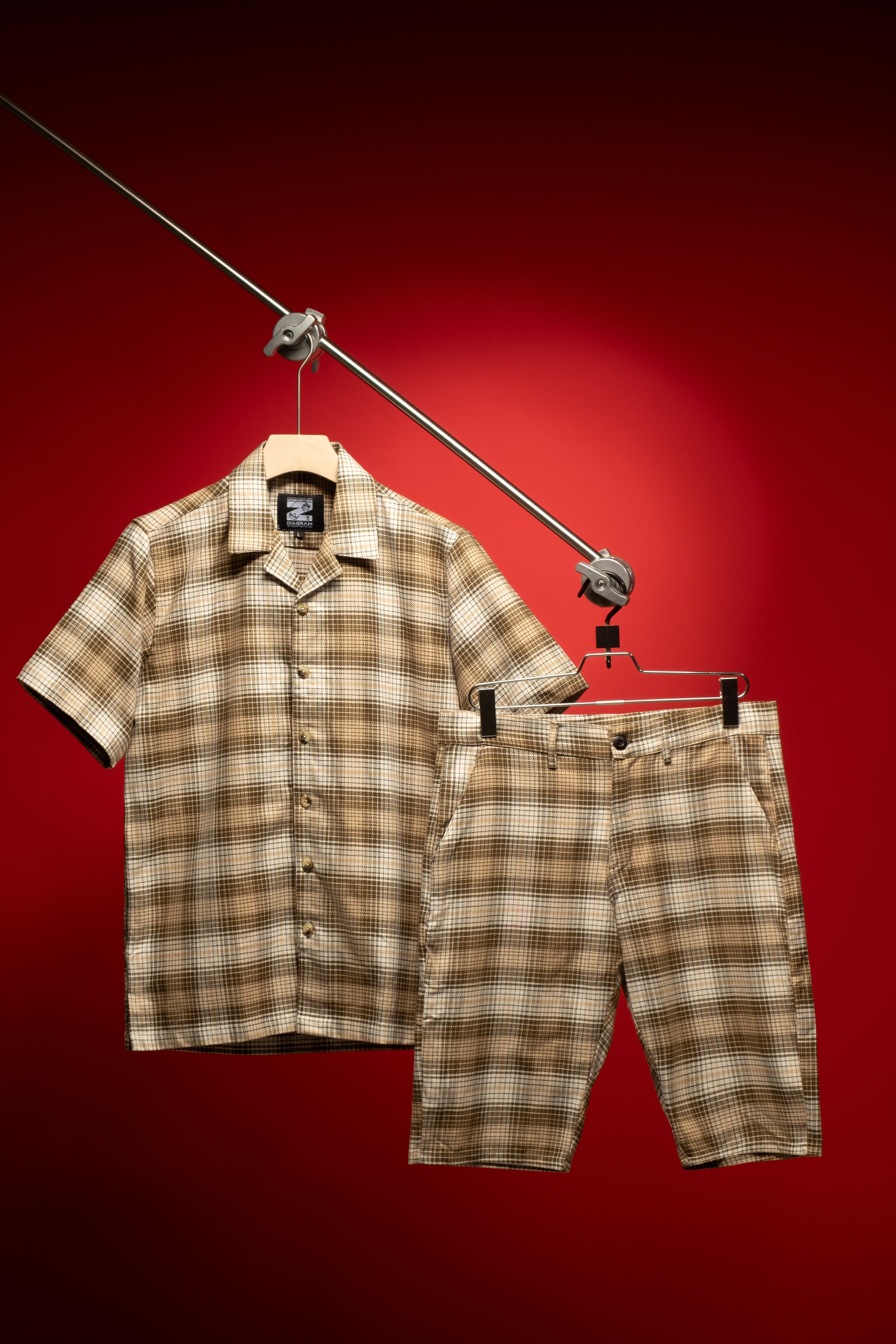 Men’s Beige Check Summer Co-ord Set – Cuban Collar Shirt & Shorts in Cotton | TS-06