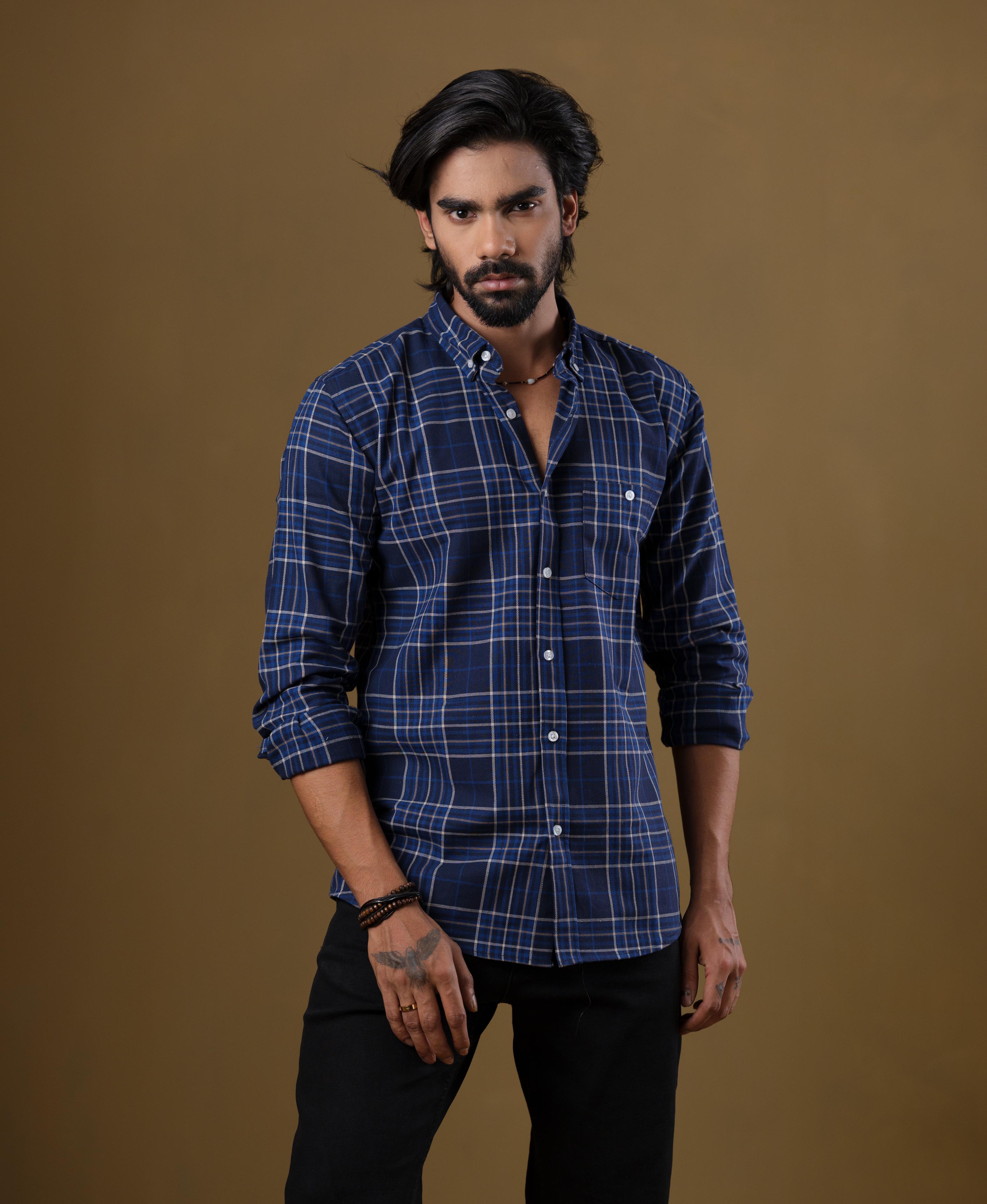 Men’s Navy Blue Plaid Check Shirt – Slim Fit Cotton Casual Shirt | DSH-53