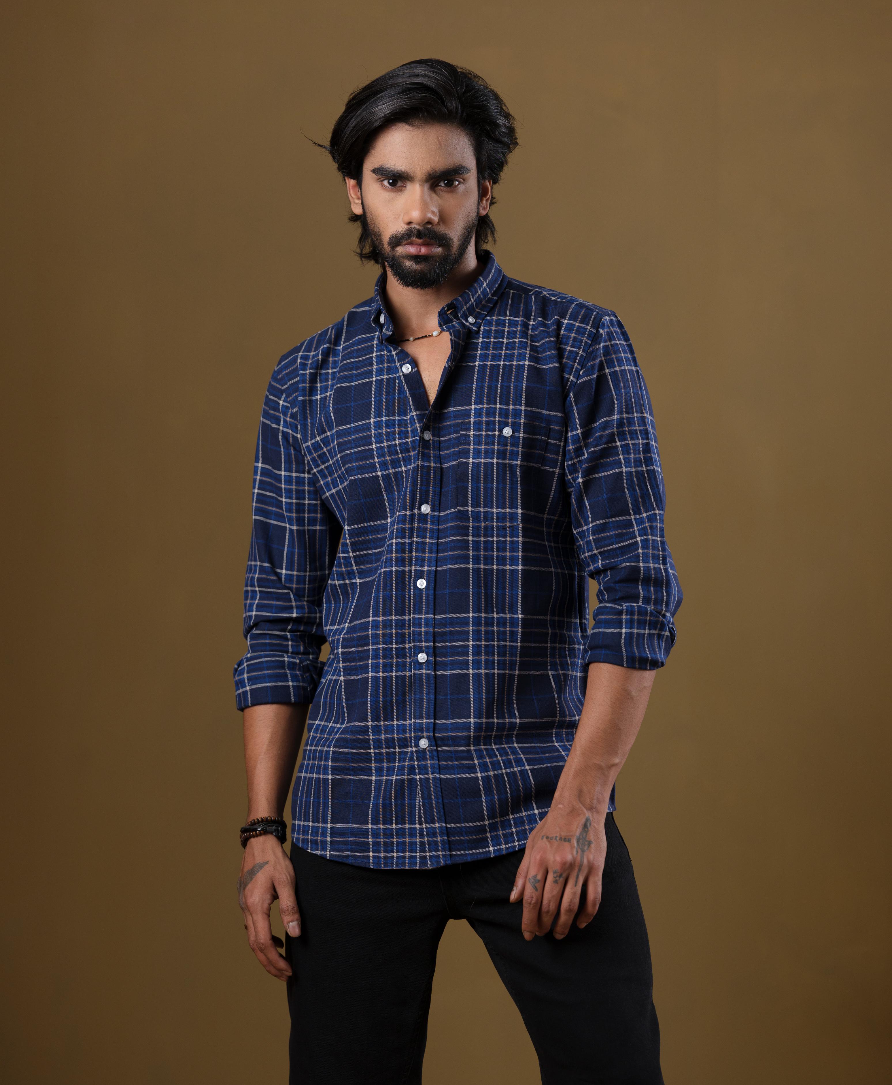 Men's Navy Blue Plaid Check Shirt – Slim Fit Cotton Casual Shirt