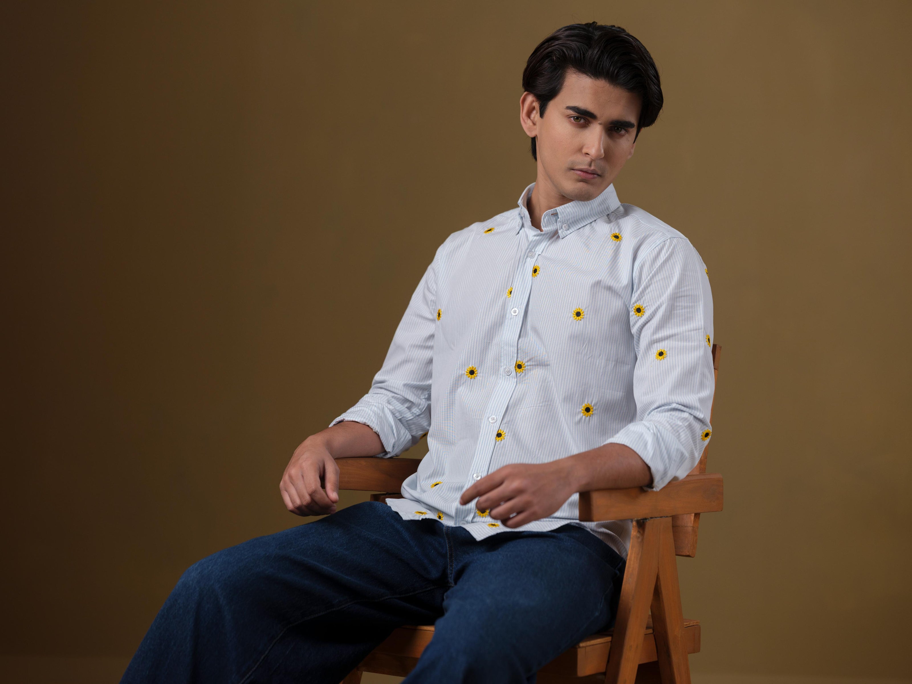 Men’s Light Blue Sunflower Embroidered Shirt – Premium Cotton Regular Fit | DSH-51