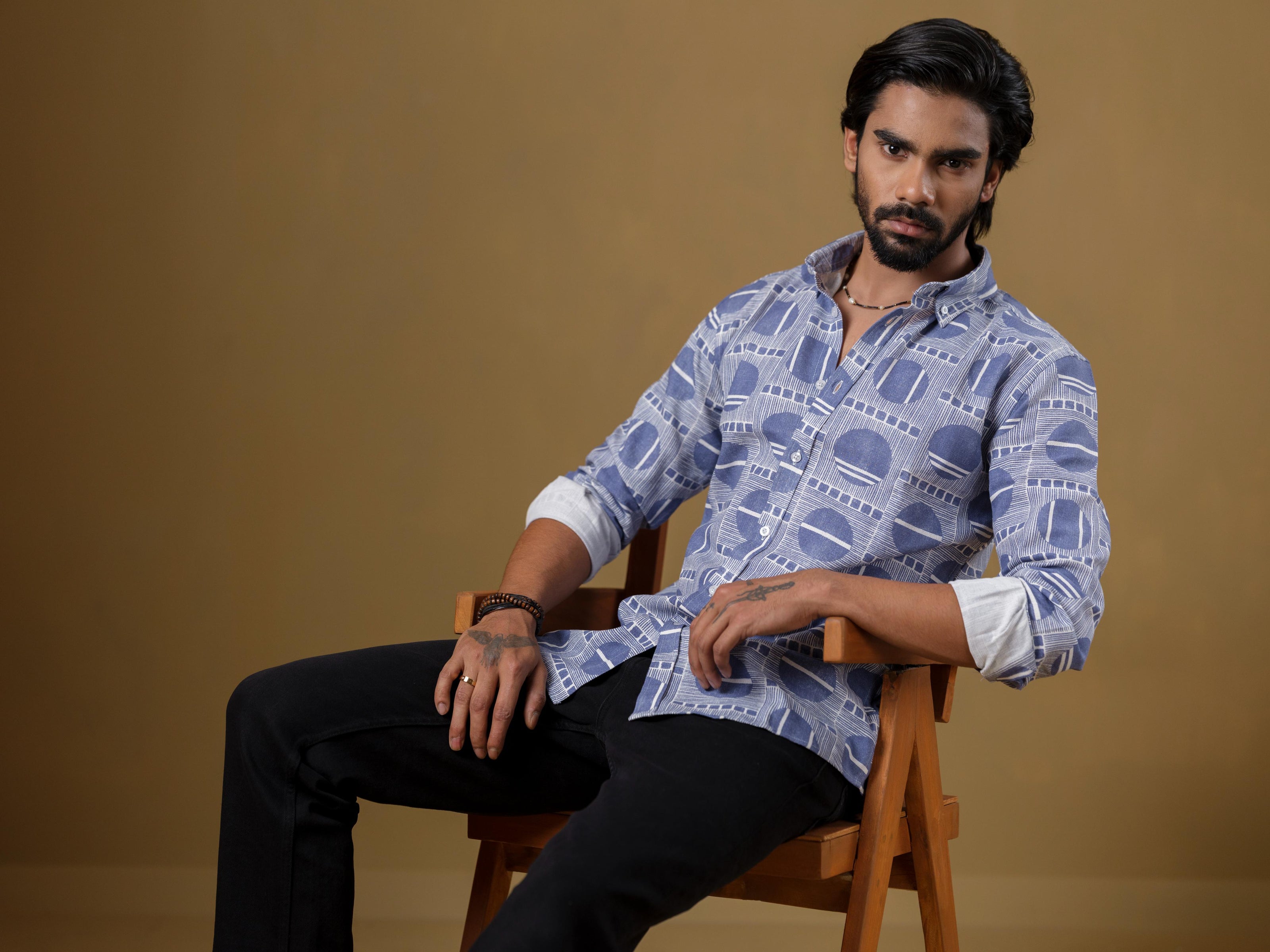 Men’s Dusty Blue Abstract Print Shirt – Slim Fit Cotton Casual Shirt | DSH-52