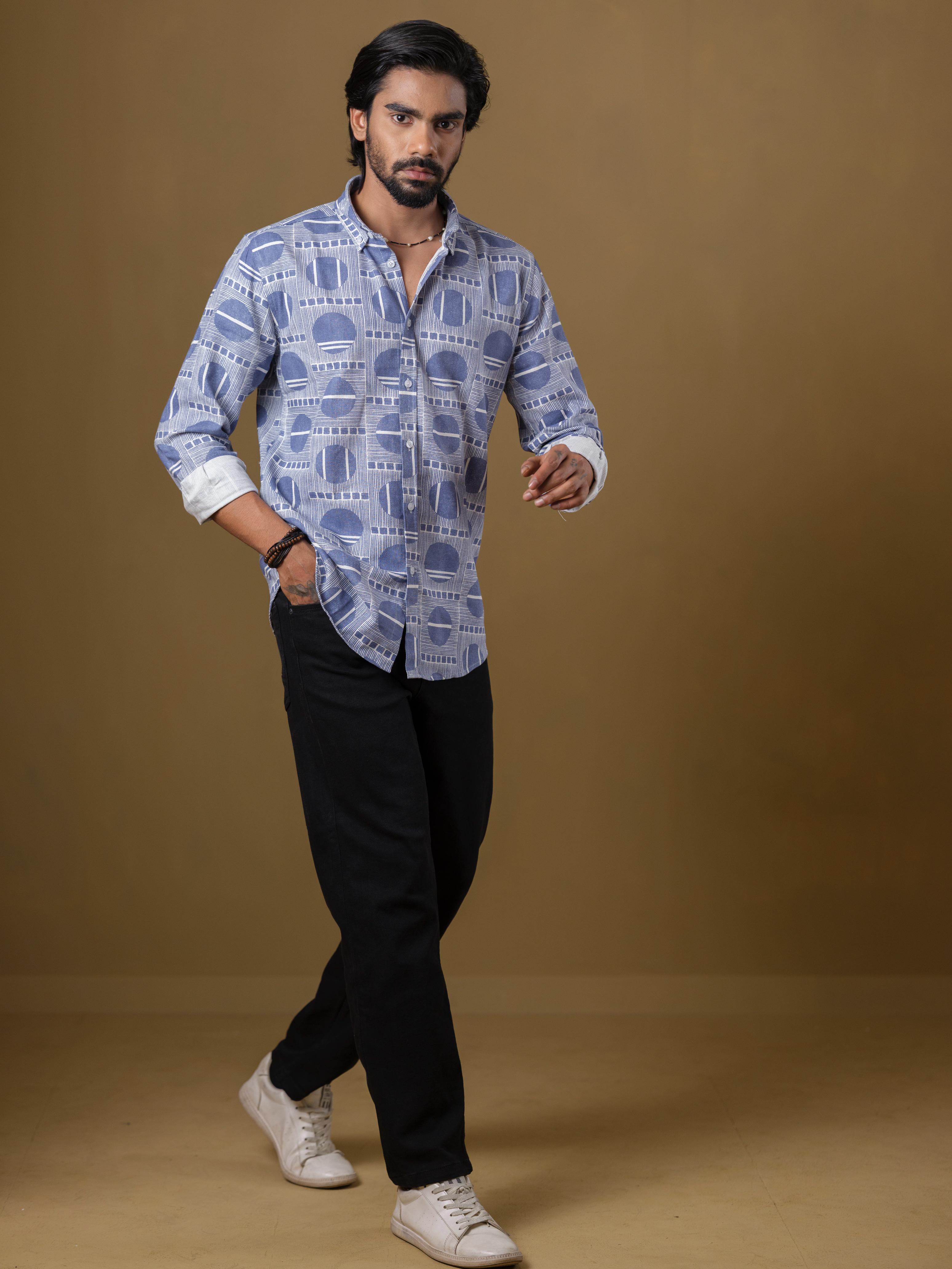Men’s Dusty Blue Abstract Print Shirt – Slim Fit Cotton Casual Shirt | DSH-52
