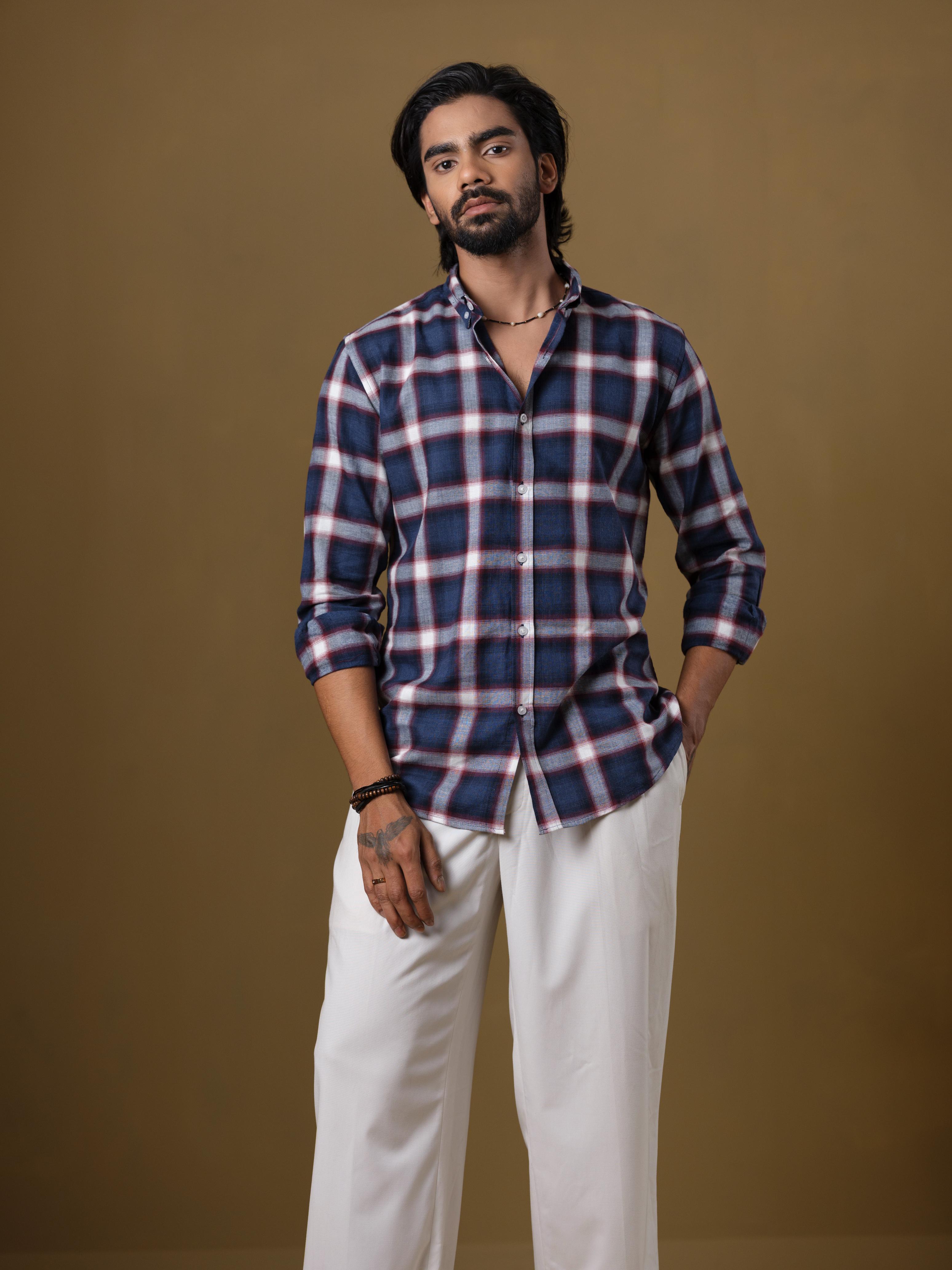 Men’s Navy Windowpane Check Shirt – Slim Fit Cotton Plaid Shirt | DSH-55