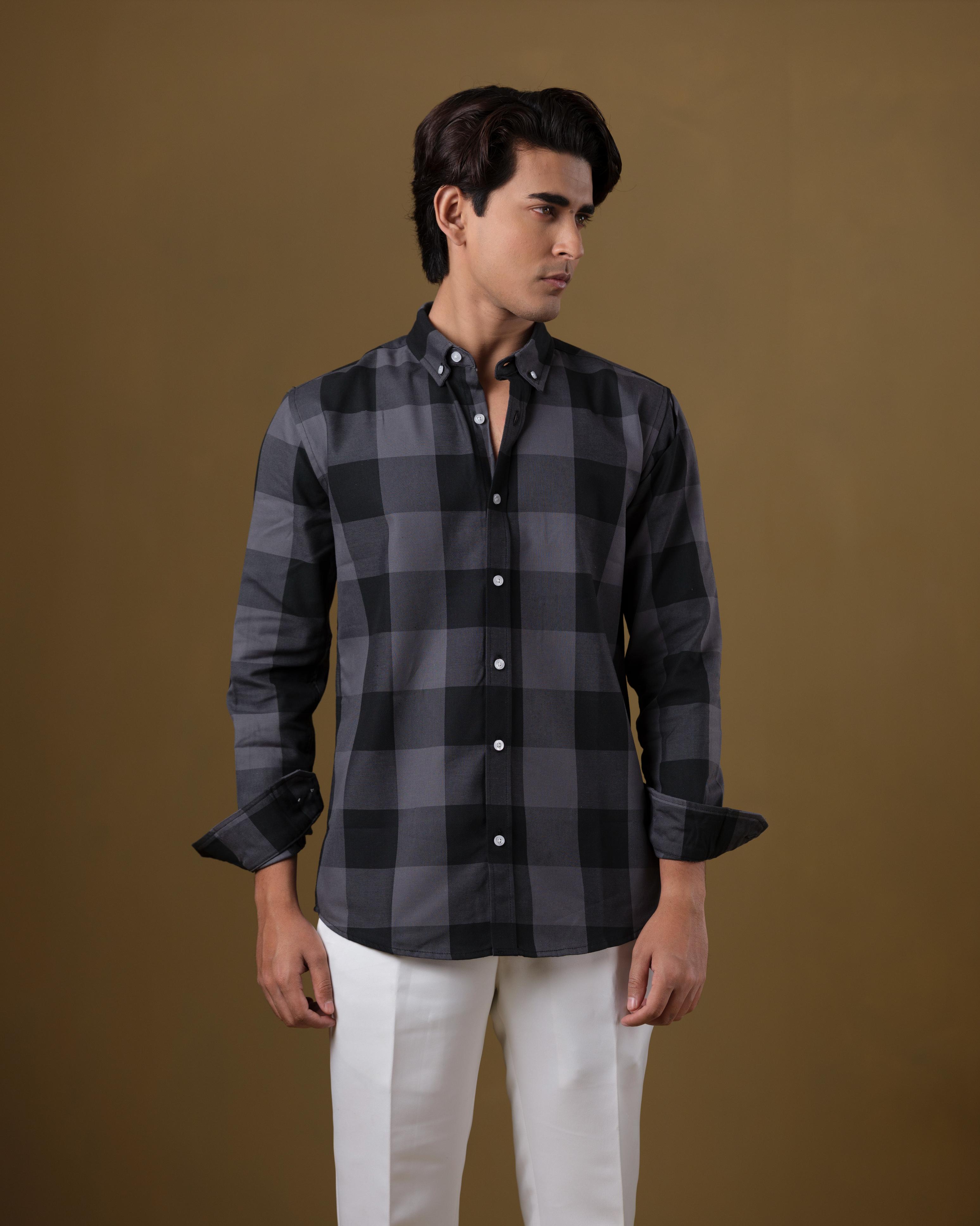 Men’s Charcoal Black Buffalo Check Shirt – Slim Fit Cotton Plaid Shirt | DSH-56