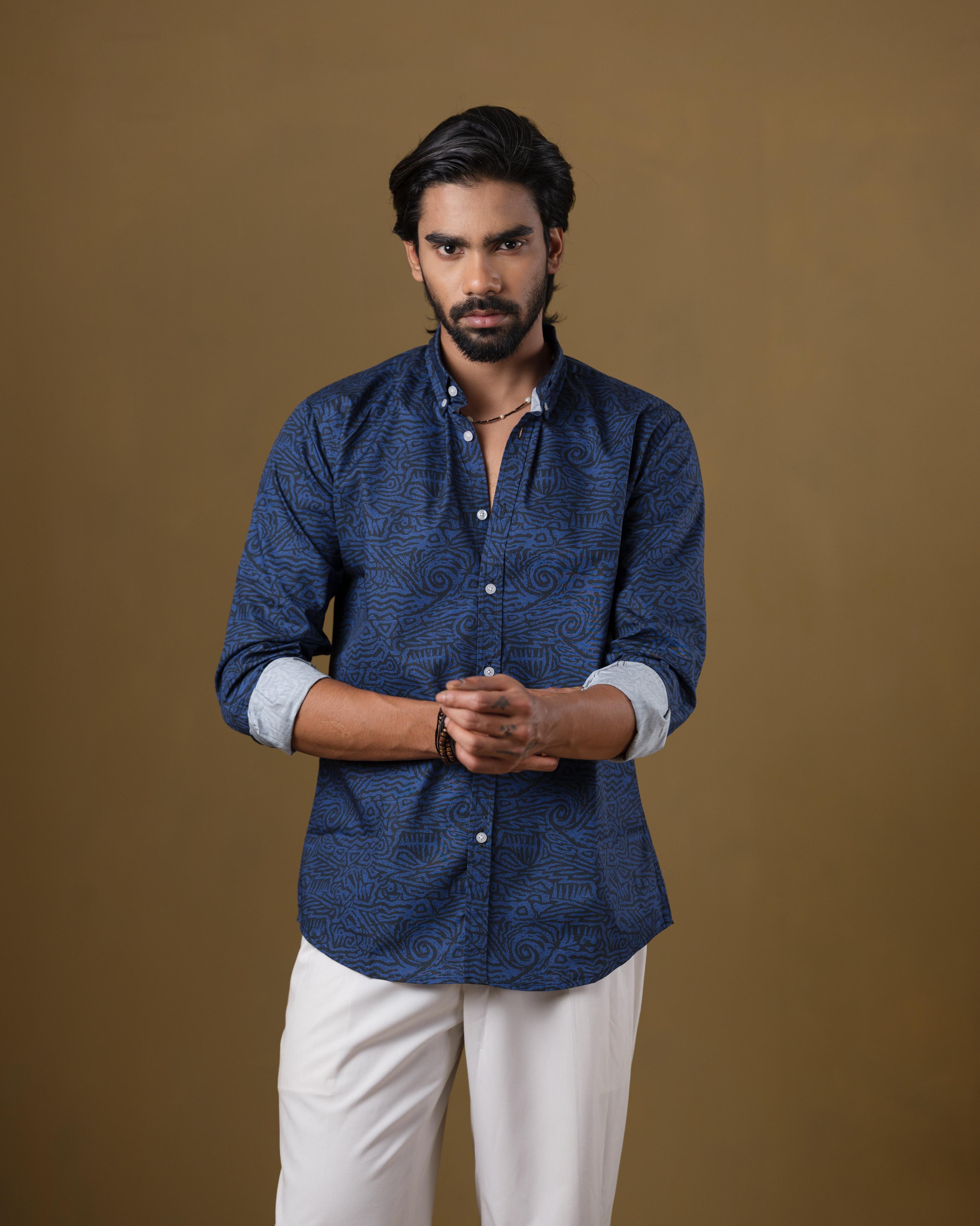 Men’s Midnight Blue Abstract Print Shirt – Slim Fit Cotton Casual Shirt | DSH-54