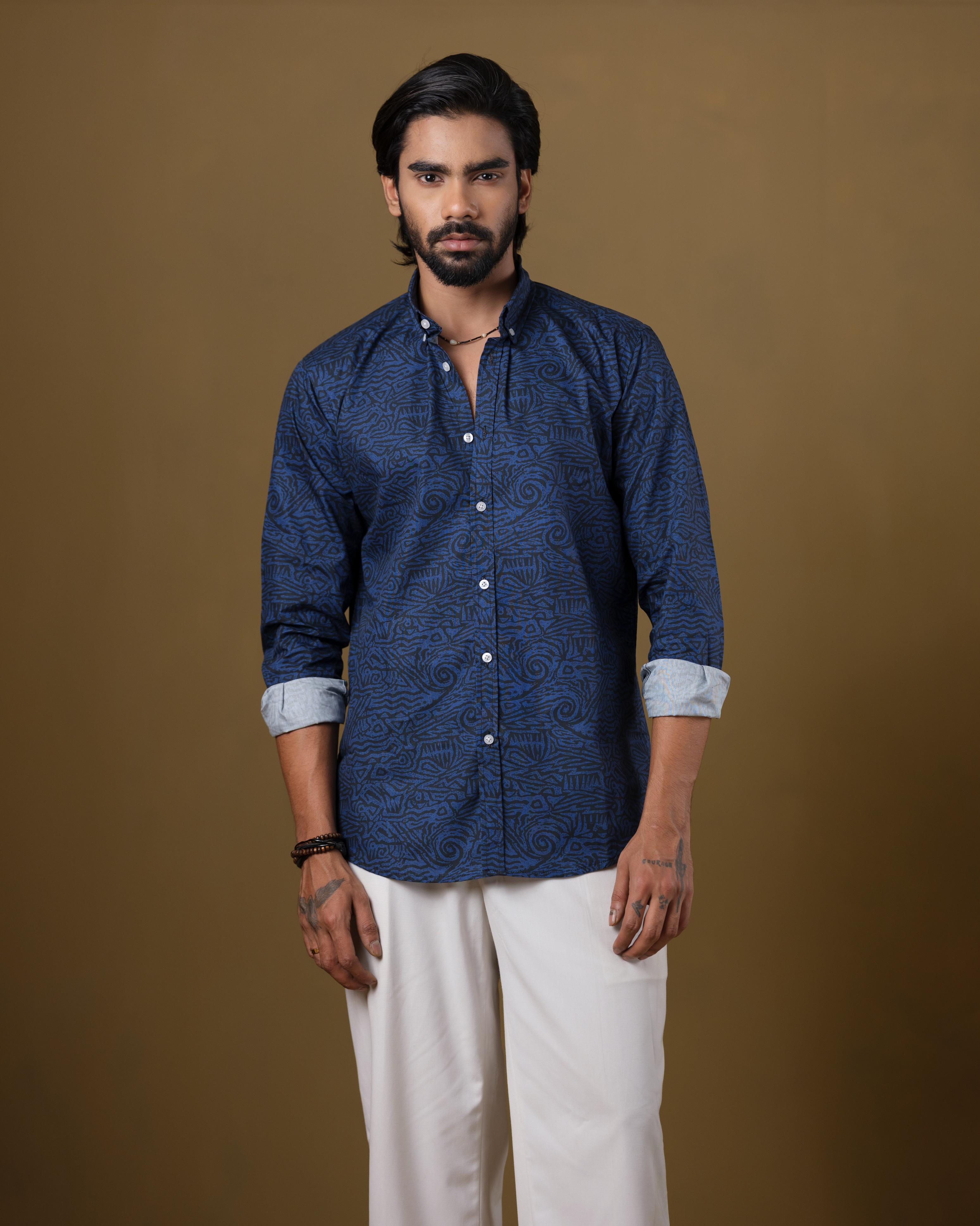 Men’s Midnight Blue Abstract Print Shirt – Slim Fit Cotton Casual Shirt | DSH-54