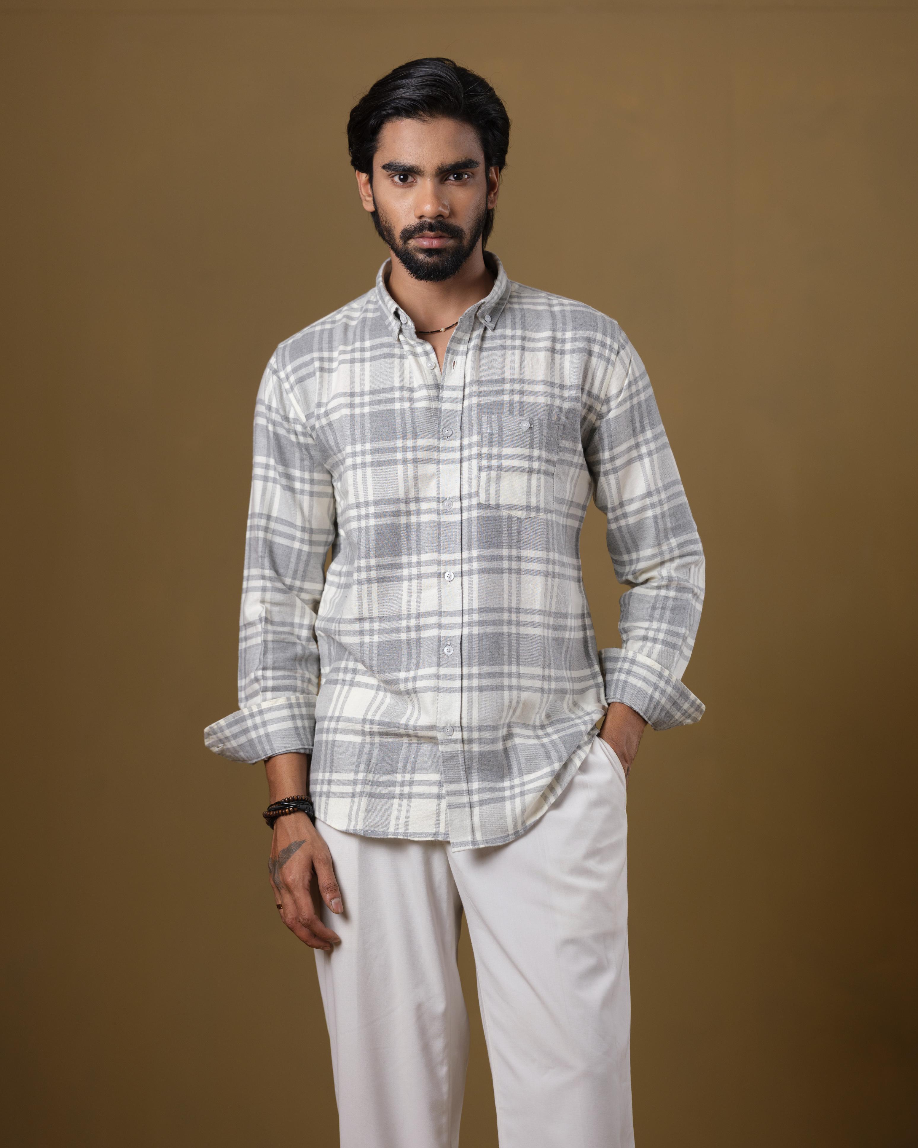 Men’s Grey & Off-White Plaid Cotton Shirt – Slim Fit Long Sleeve Casual Wear | DSH-58