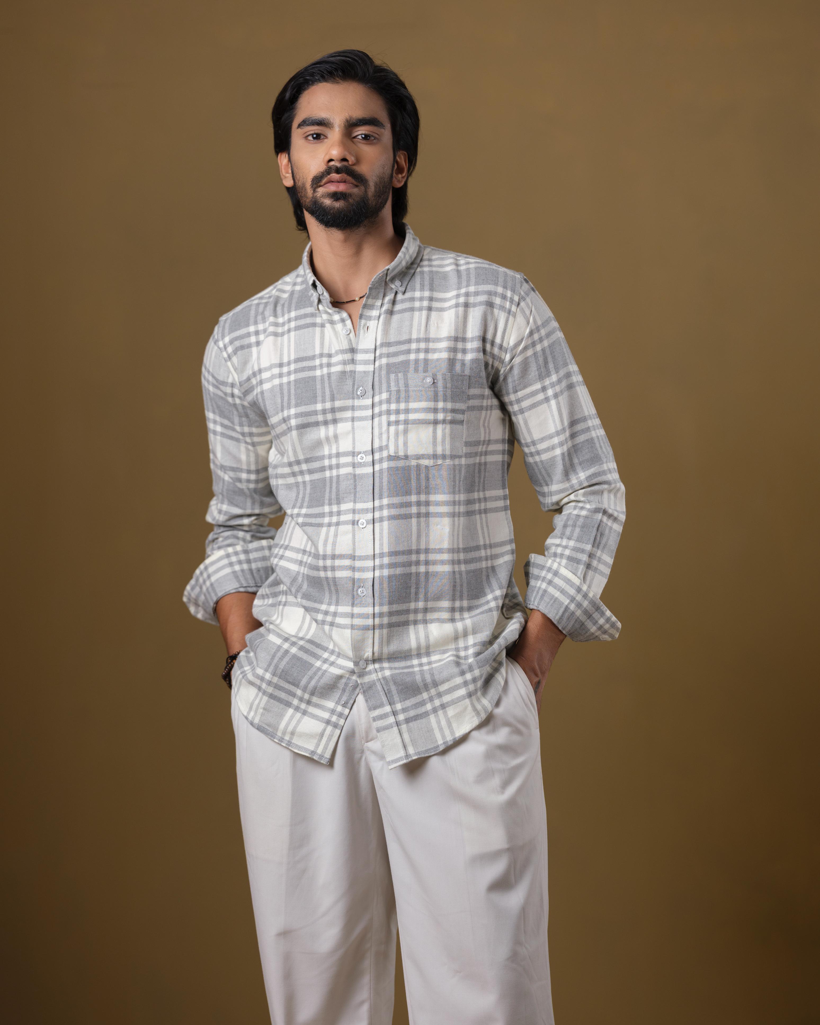 Men’s Grey & Off-White Plaid Cotton Shirt – Slim Fit Long Sleeve Casual Wear | DSH-58