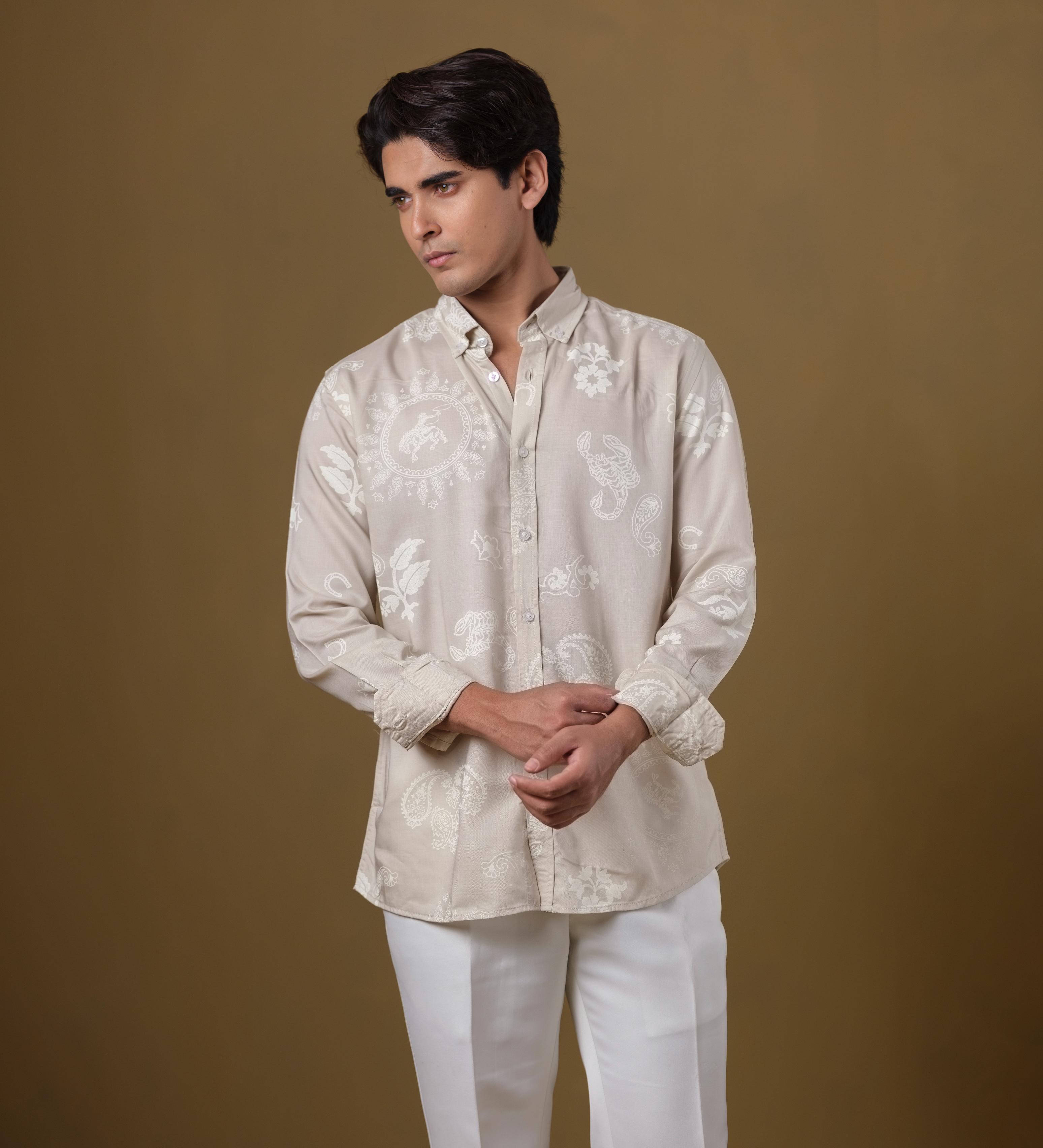Men’s Beige Paisley Printed Cotton Shirt – Slim Fit Long Sleeve Smart Casual Wear | DSH-57