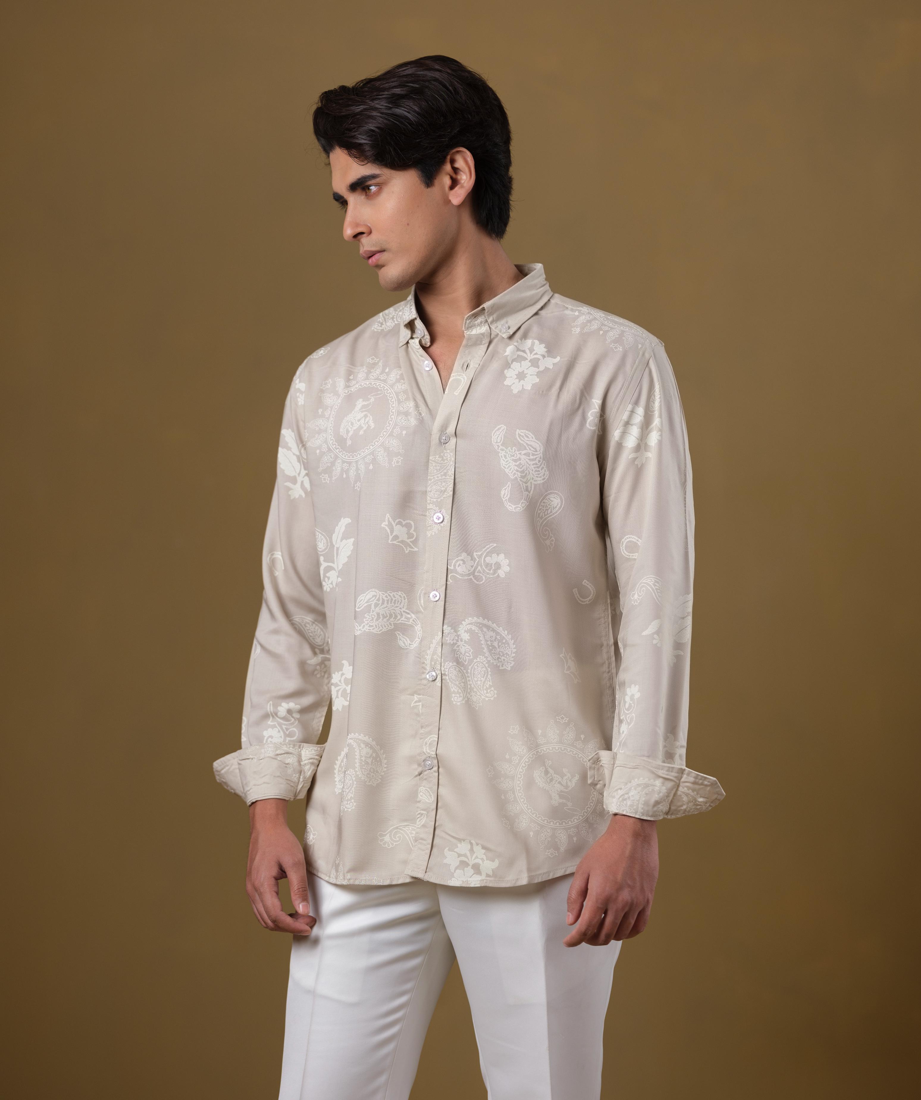 Men’s Beige Paisley Printed Cotton Shirt – Slim Fit Long Sleeve Smart Casual Wear | DSH-57