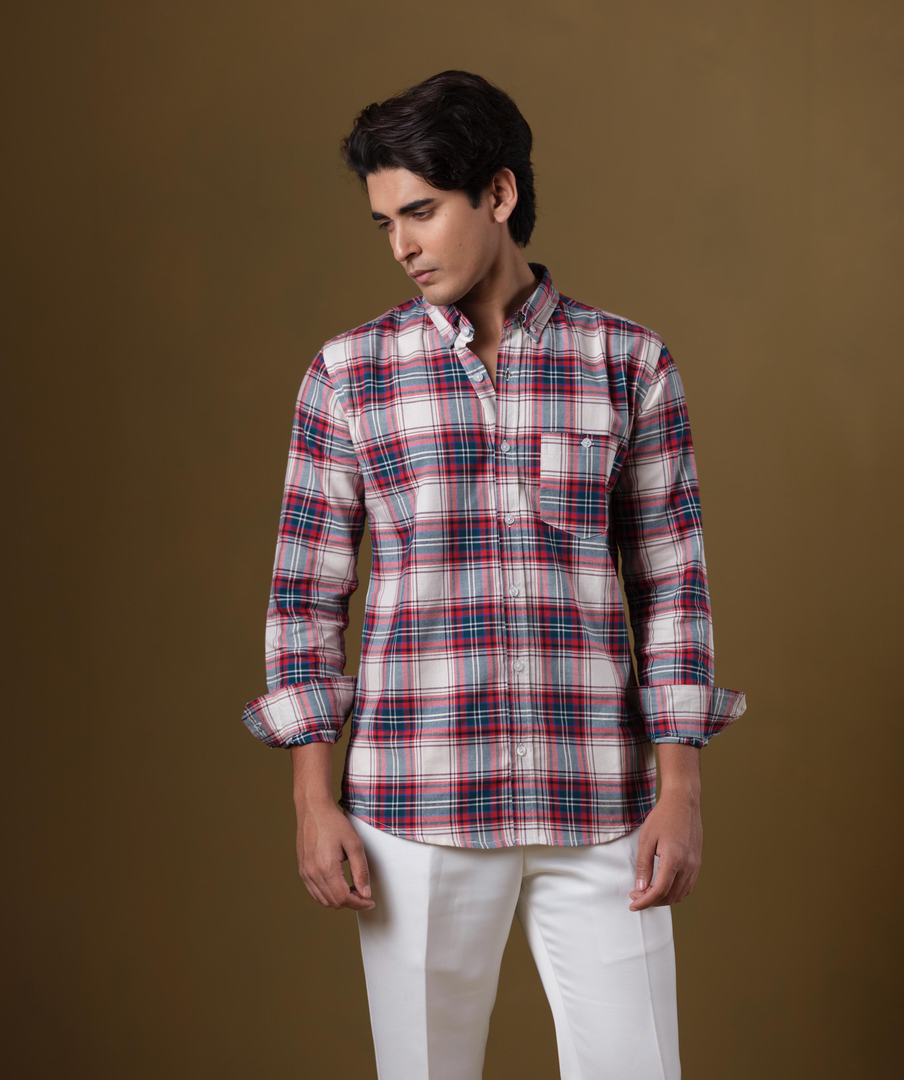 Men’s Red & Navy Tartan Plaid Cotton Shirt – Slim Fit Long Sleeve Casual Wear | DSH-59