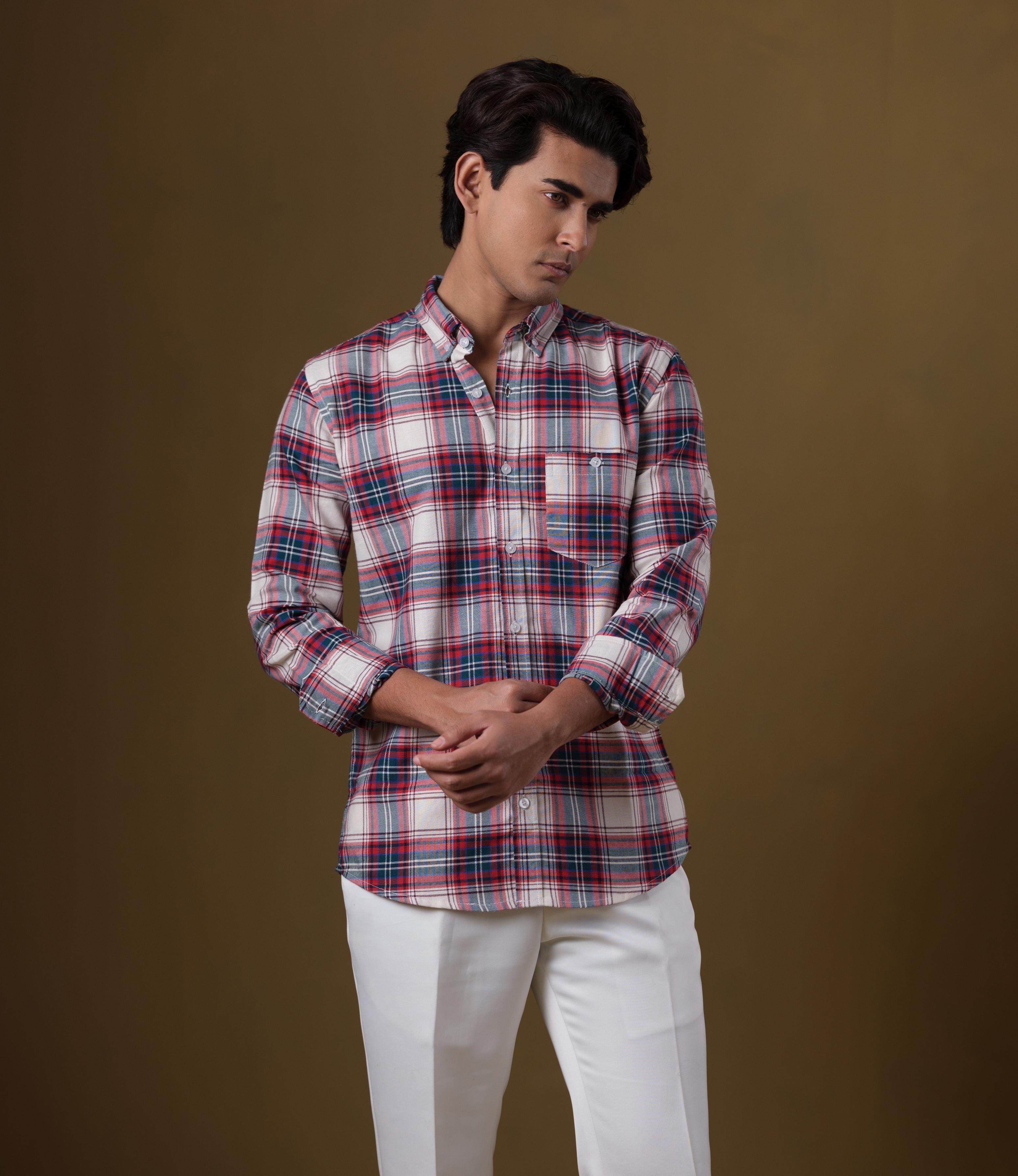 Men’s Red & Navy Tartan Plaid Cotton Shirt – Slim Fit Long Sleeve Casual Wear | DSH-59