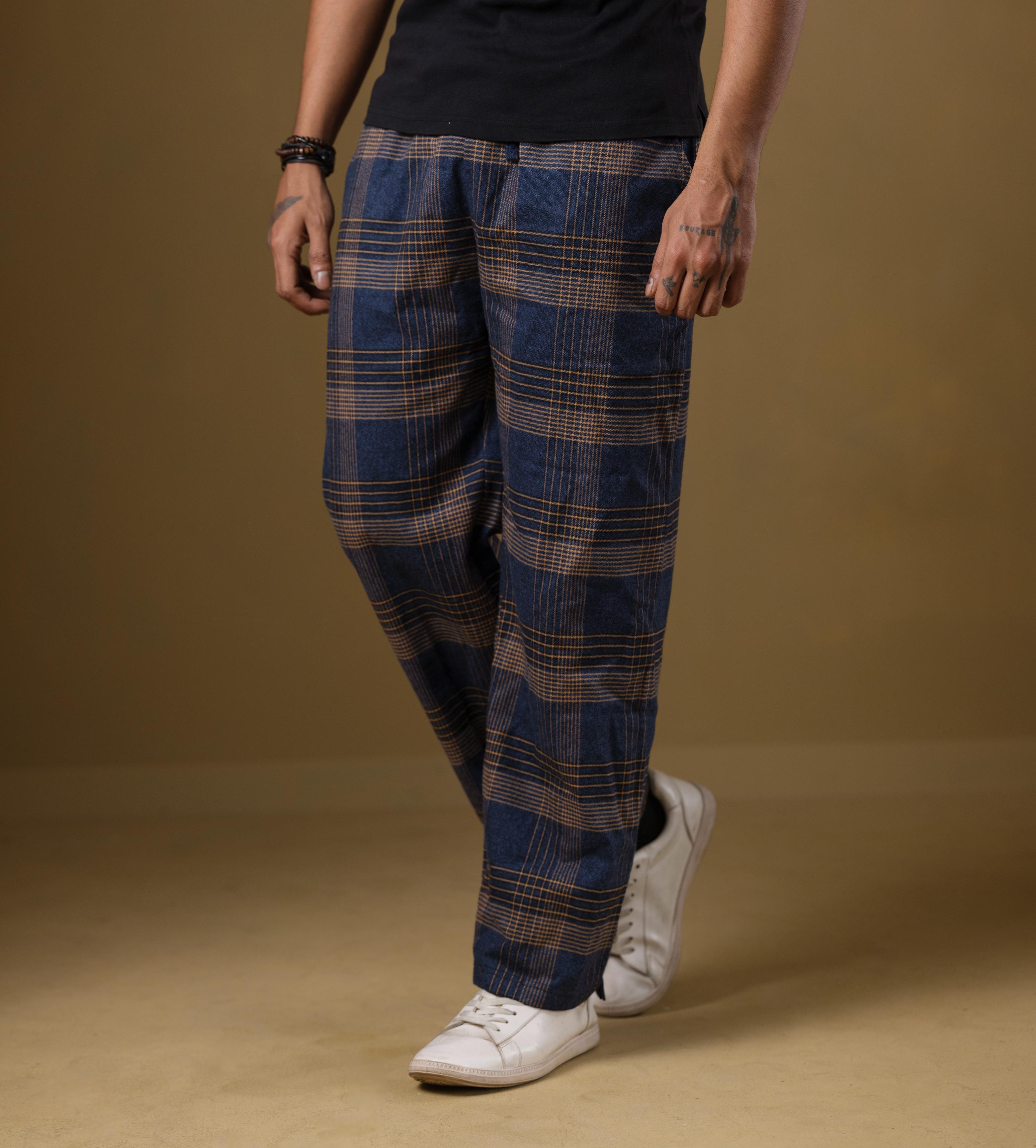 Men’s Navy & Mustard Windowpane Check Lounge Pants – Relaxed Fit Casual Trousers | SJ-04