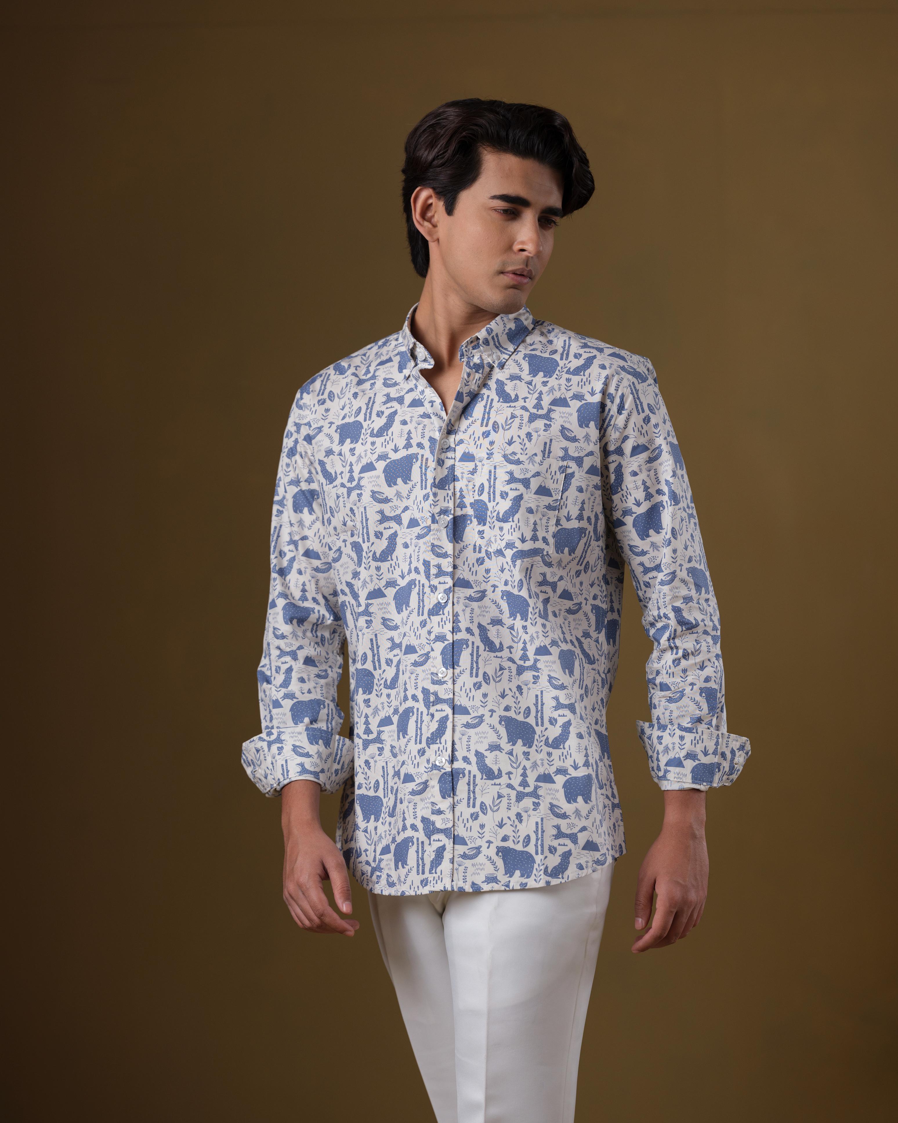 Men’s Beige & Blue Wildlife Printed Cotton Shirt – Slim Fit Long Sleeve Casual Wear | DSH-60