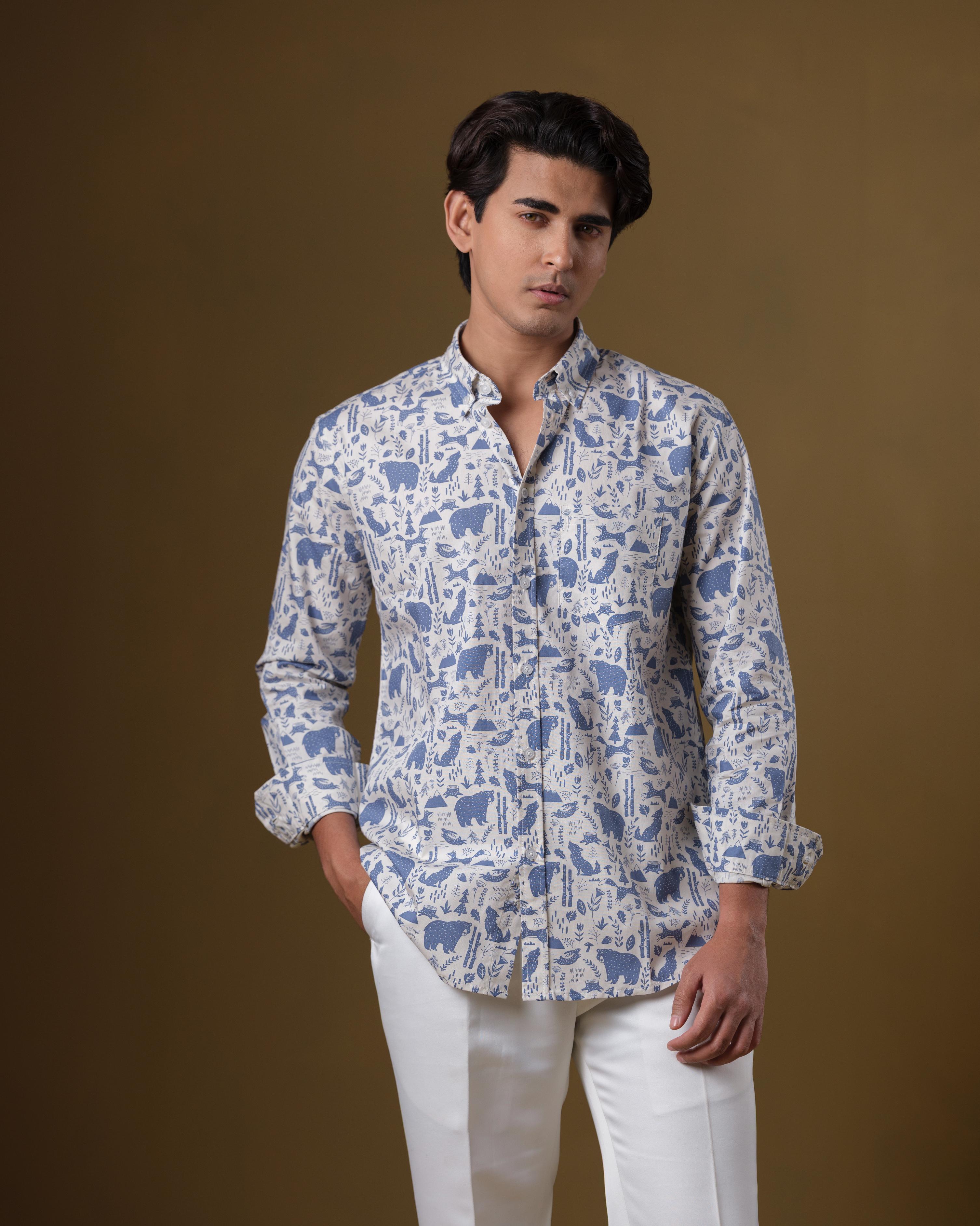 Men’s Beige & Blue Wildlife Printed Cotton Shirt – Slim Fit Long Sleeve Casual Wear | DSH-60