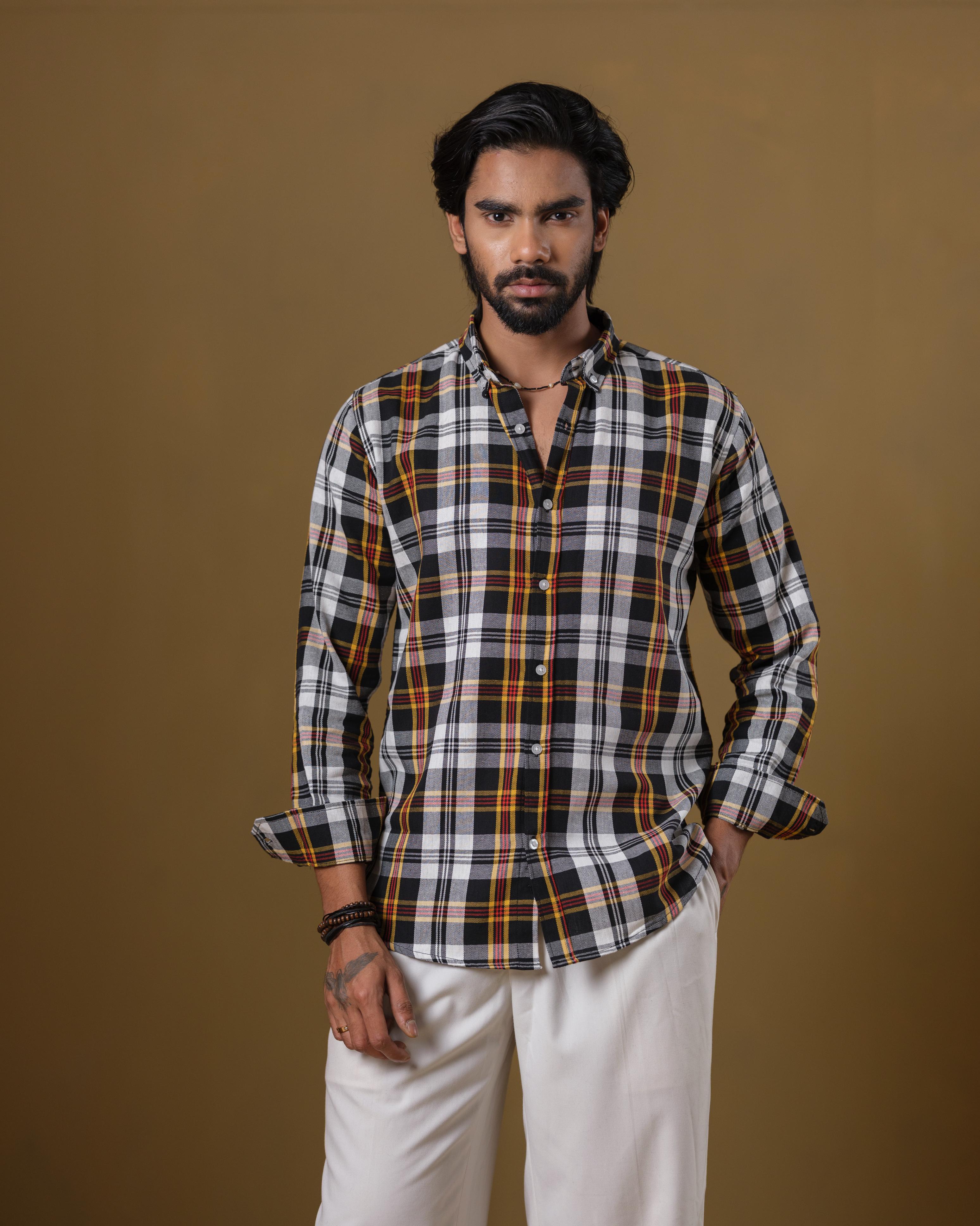 Men’s Black & Mustard Tartan Plaid Cotton Shirt – Slim Fit Long Sleeve Casual Wear | DSH-62