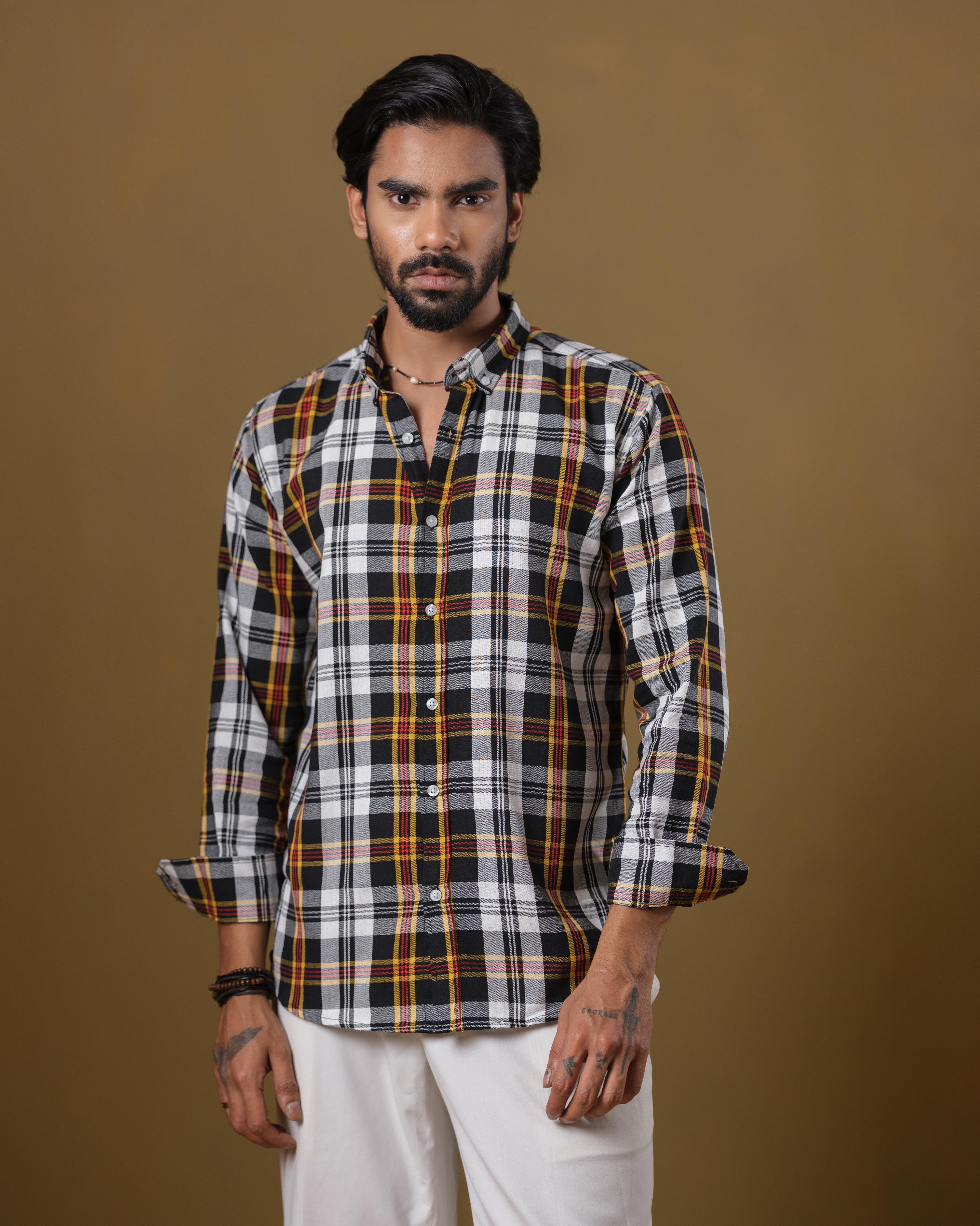 Men’s Black & Mustard Tartan Plaid Cotton Shirt – Slim Fit Long Sleeve Casual Wear | DSH-62