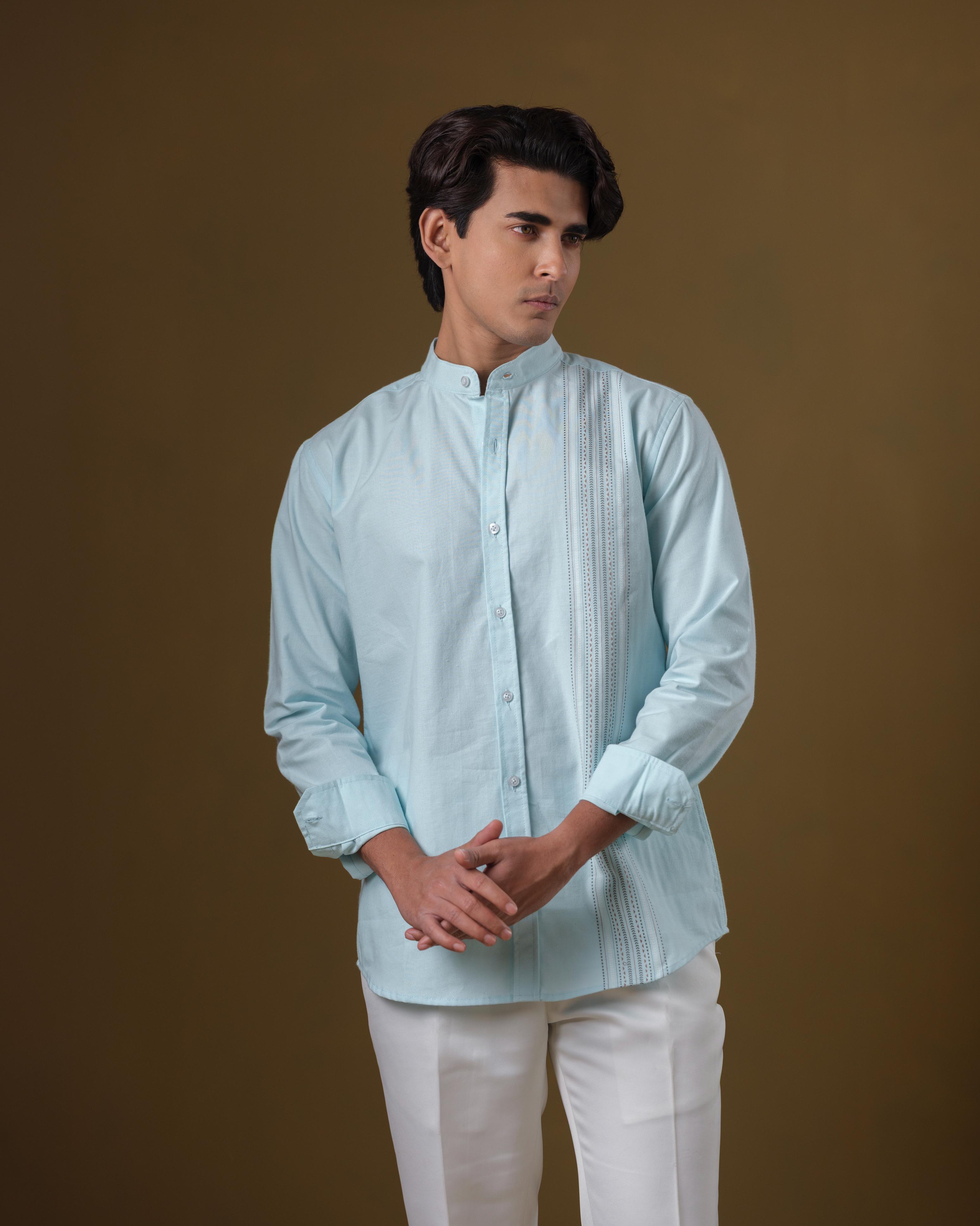 Men’s Mint Green Band Collar Cotton Shirt – Slim Fit Embroidered Panel Design | DSH-61