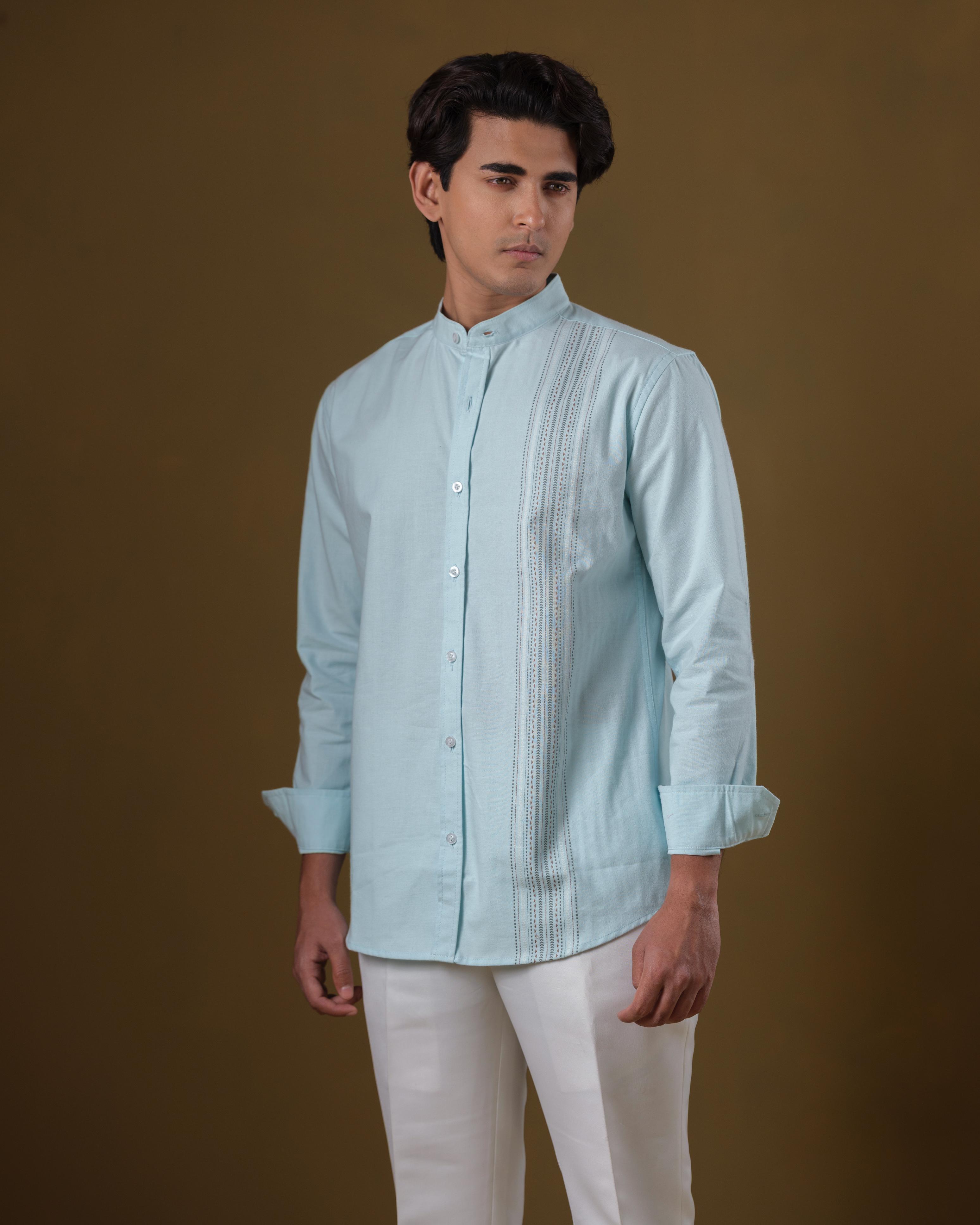 Men’s Mint Green Band Collar Cotton Shirt – Slim Fit Embroidered Panel Design | DSH-61