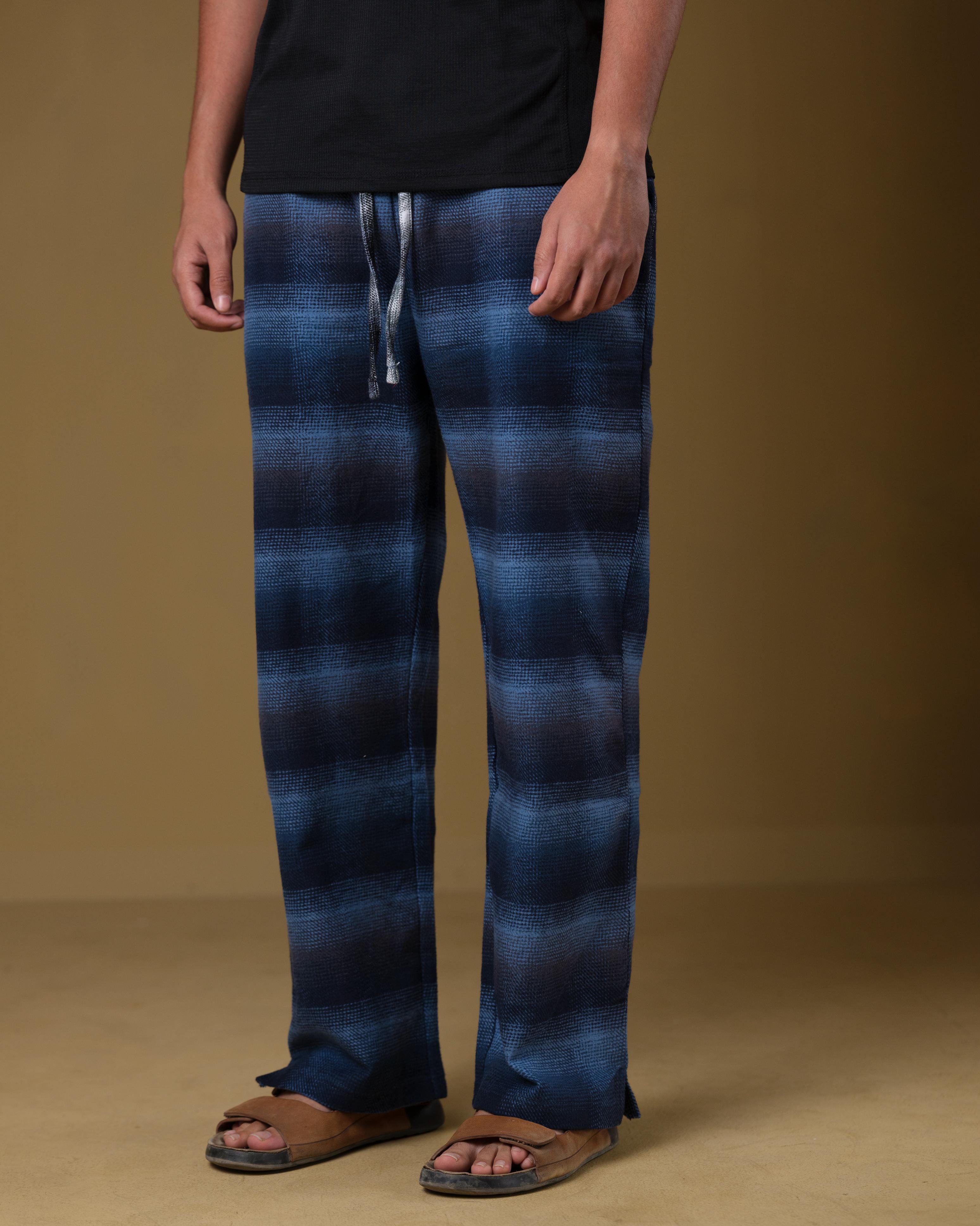 Men’s Navy Blue Gradient Check Lounge Pants – Relaxed Fit Drawstring Trousers | SJ-03