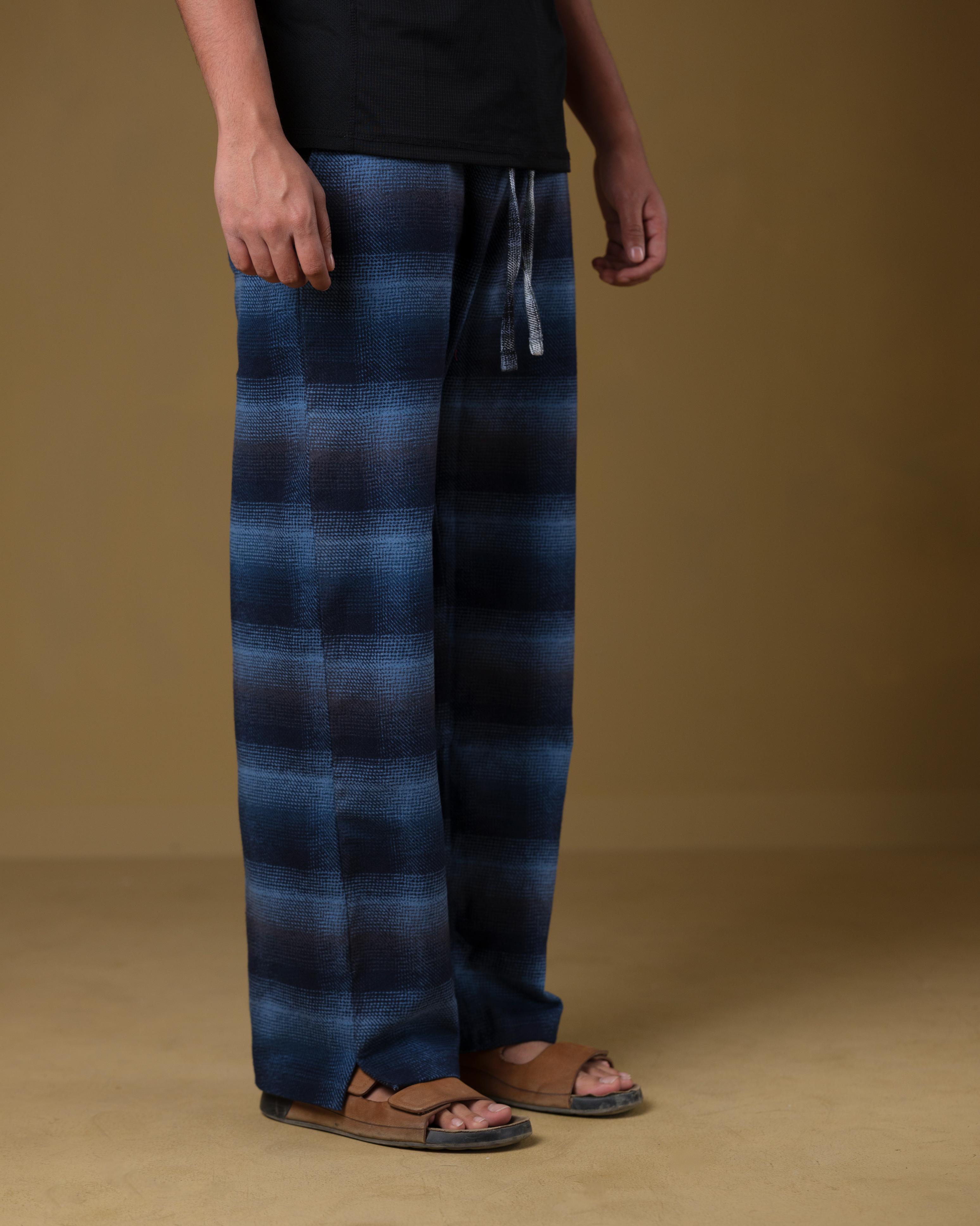Men’s Navy Blue Gradient Check Lounge Pants – Relaxed Fit Drawstring Trousers | SJ-03