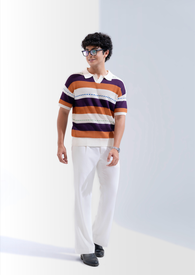 Men’s Retro Stripe Knit Polo Shirt – Cotton Summer Knit Polo | PD-58