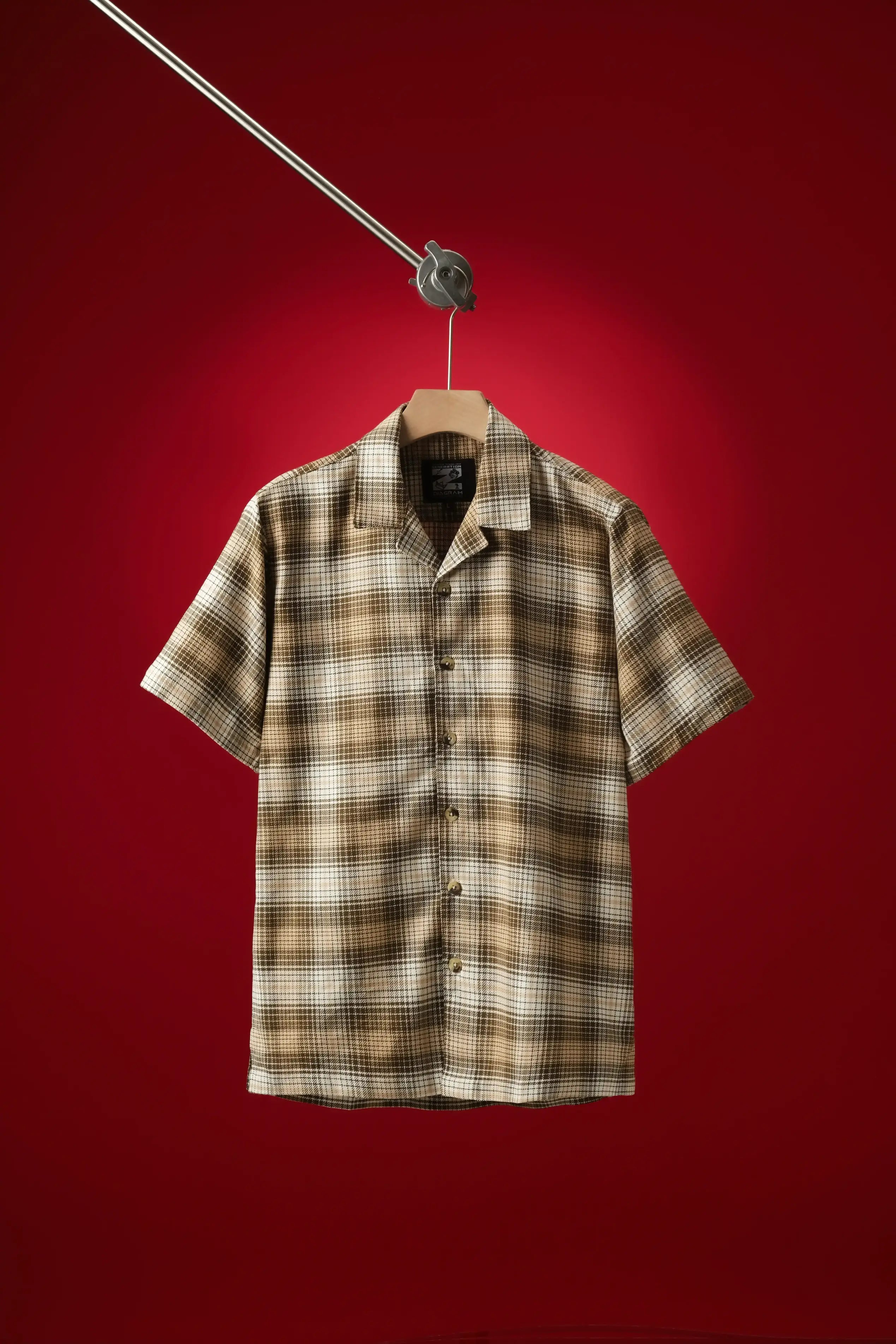 Men’s Beige & White Waffle Check Cuban Shirt – lightweight Cuban collar shirt in beige and cream waffle check fabric for summer wear