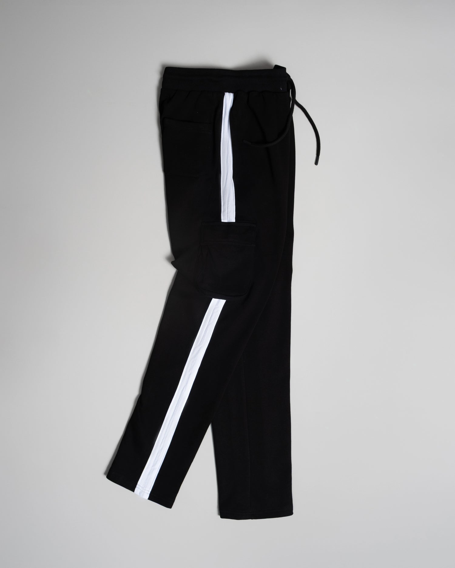 Men’s black jogger pants with white side stripe, cargo pocket detail – Diagram clothing