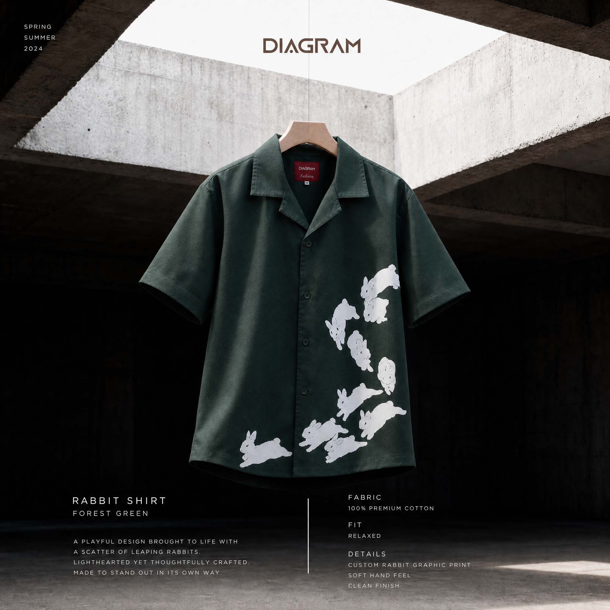 Men’s Forest Green Rabbit Print Shirt – Premium Cuban Collar Shirt | DSH-69