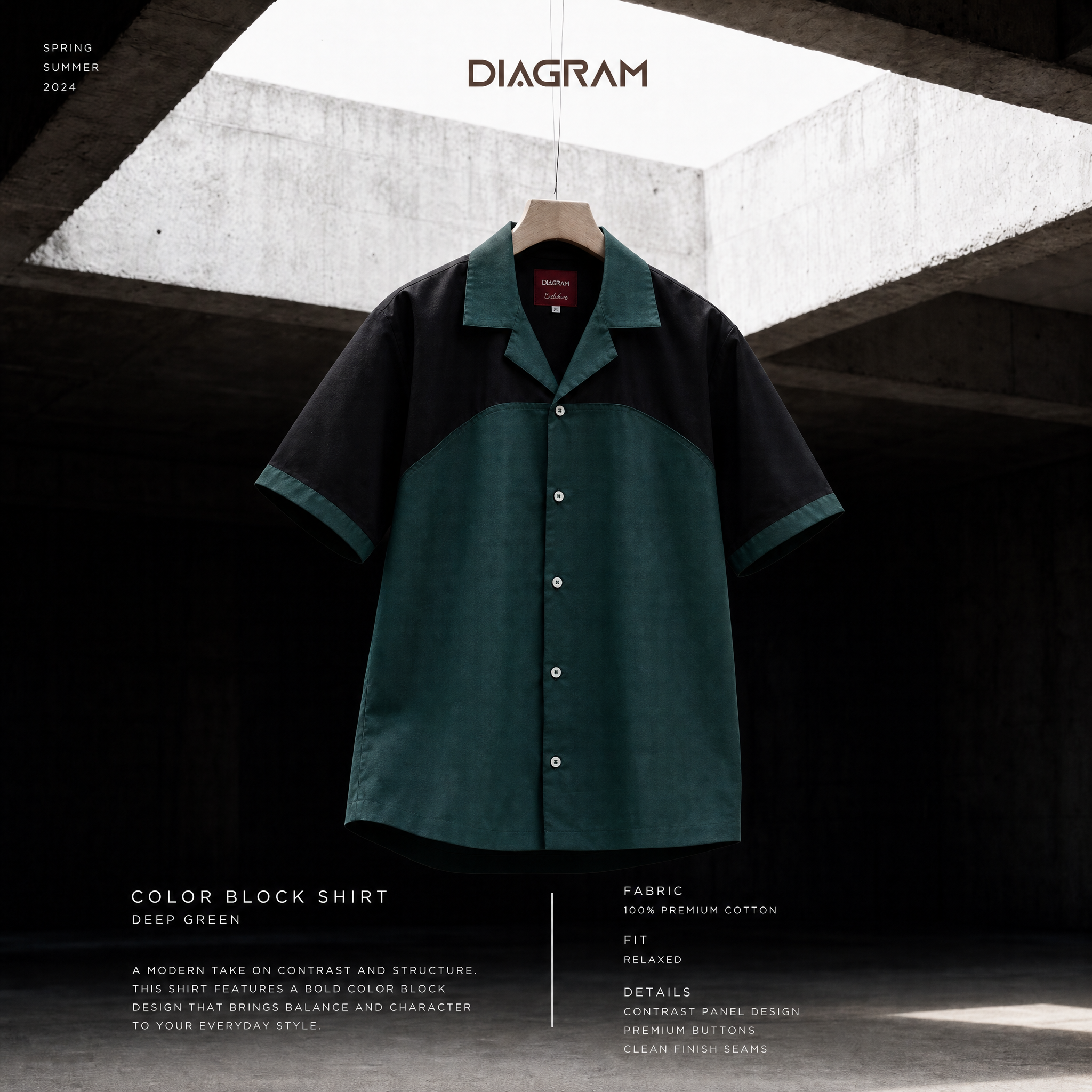 Men’s Green & Black Panel Cuban Collar Shirt – Minimal Color Block Shirt | DSH-68