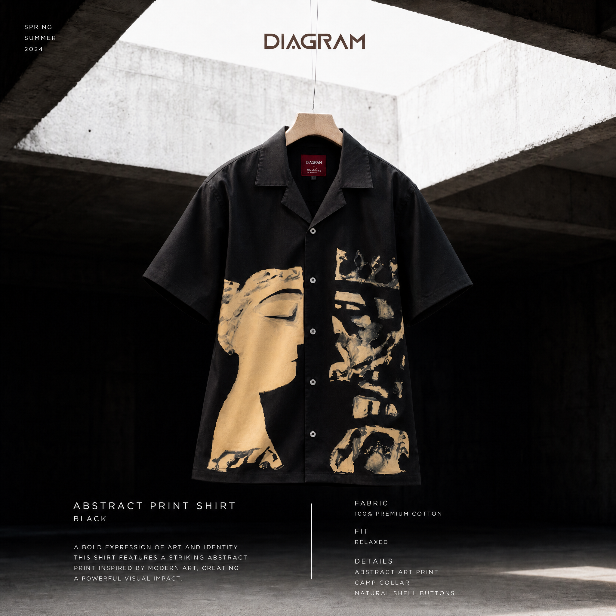 Men’s Black Artistic Print Cuban Shirt – Abstract Face Graphic Shirt | DSH-67