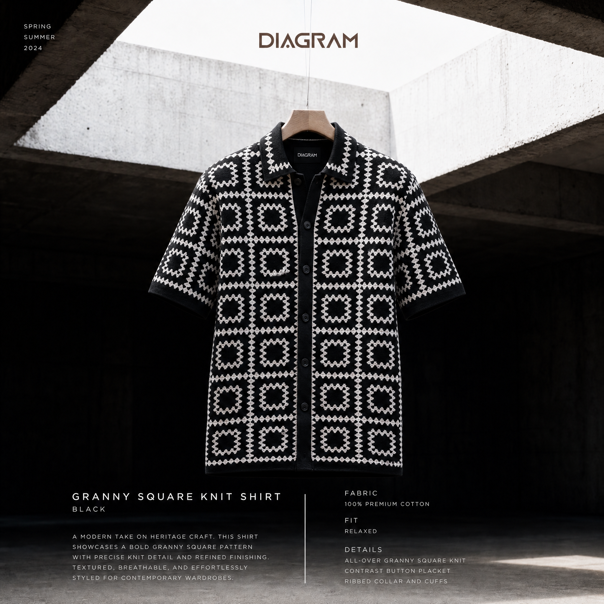 Men’s Black & White Geometric Knit Shirt – Soft Finish Button-Up Summer Knit | DSH-63